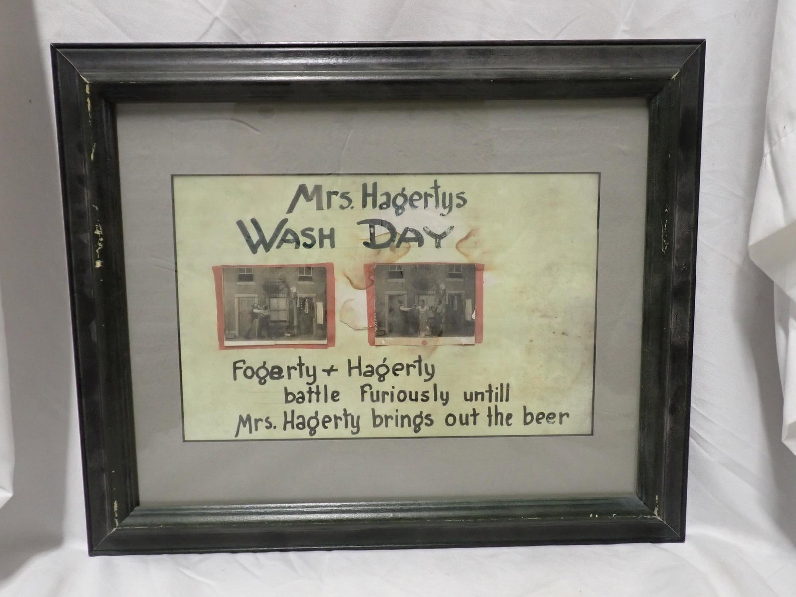 Bootleggers and Other Small Posters: The Bootleggers Hiding Their Liquor (disapproved, staining, frame 12" x 16", poster 7" x 11", Mrs. Haggety Wash Day (staining, frame 13" x 15", poster 7" x 11"), The Robber Slips the Cop (staining,