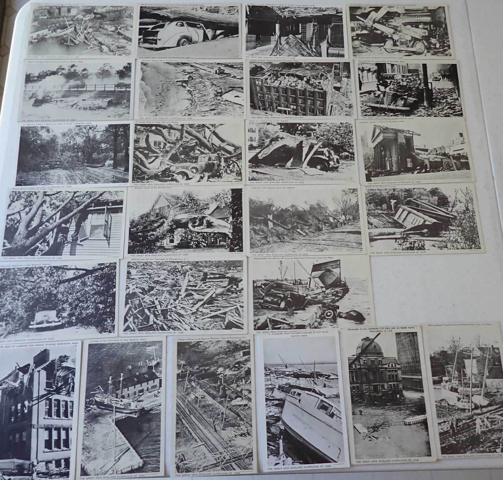 25 Postcards of The Great New England Hurricane of 1938: Total of 25 cards. Back of Postcards say: September 21, 1938 will long be remembered as the date of the Disastrous Hurricane which swept New England, an upheaval of Nature seldom, if ever know to