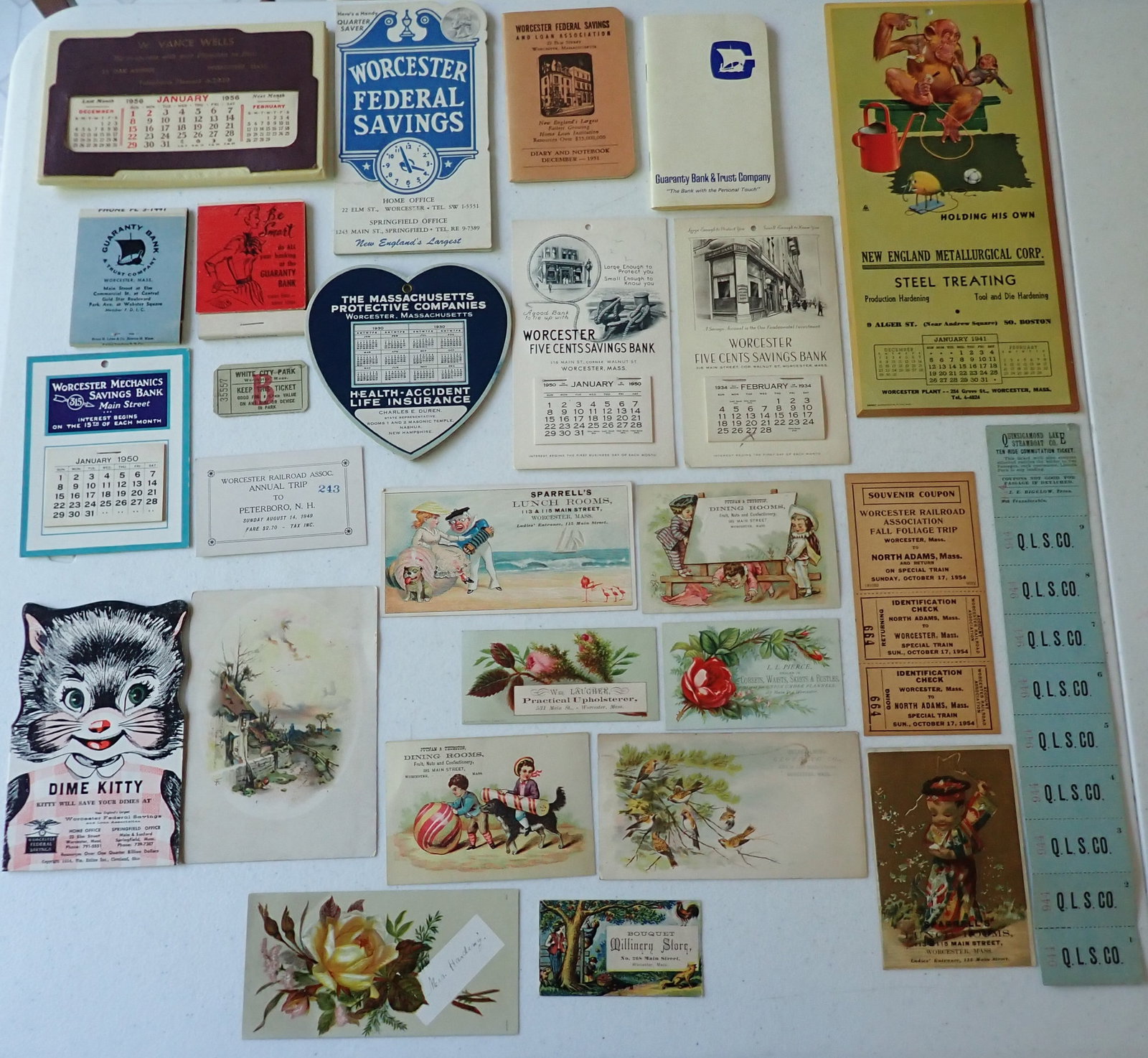 Worcester Advertising, Calendars, Trade Cards Etc.: Collection of Worcester Ephemera from the same collector as the postcards in this auction. This lot includes, Worcester Advertising, Calendars, Railroad and Other Items.