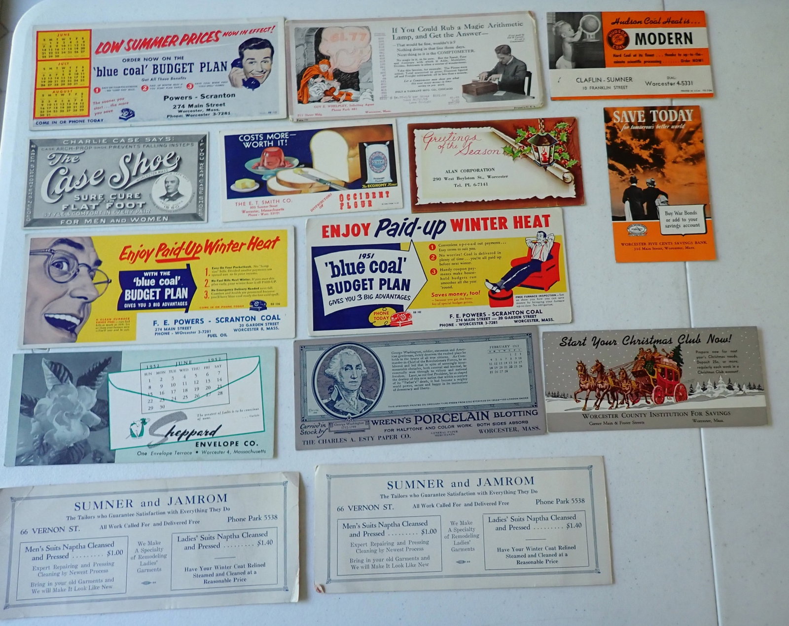 Worcester Advertising Ink Blotters - Over 50: From the same Worcester collection as postcards in this sale. Most are in very good condition.