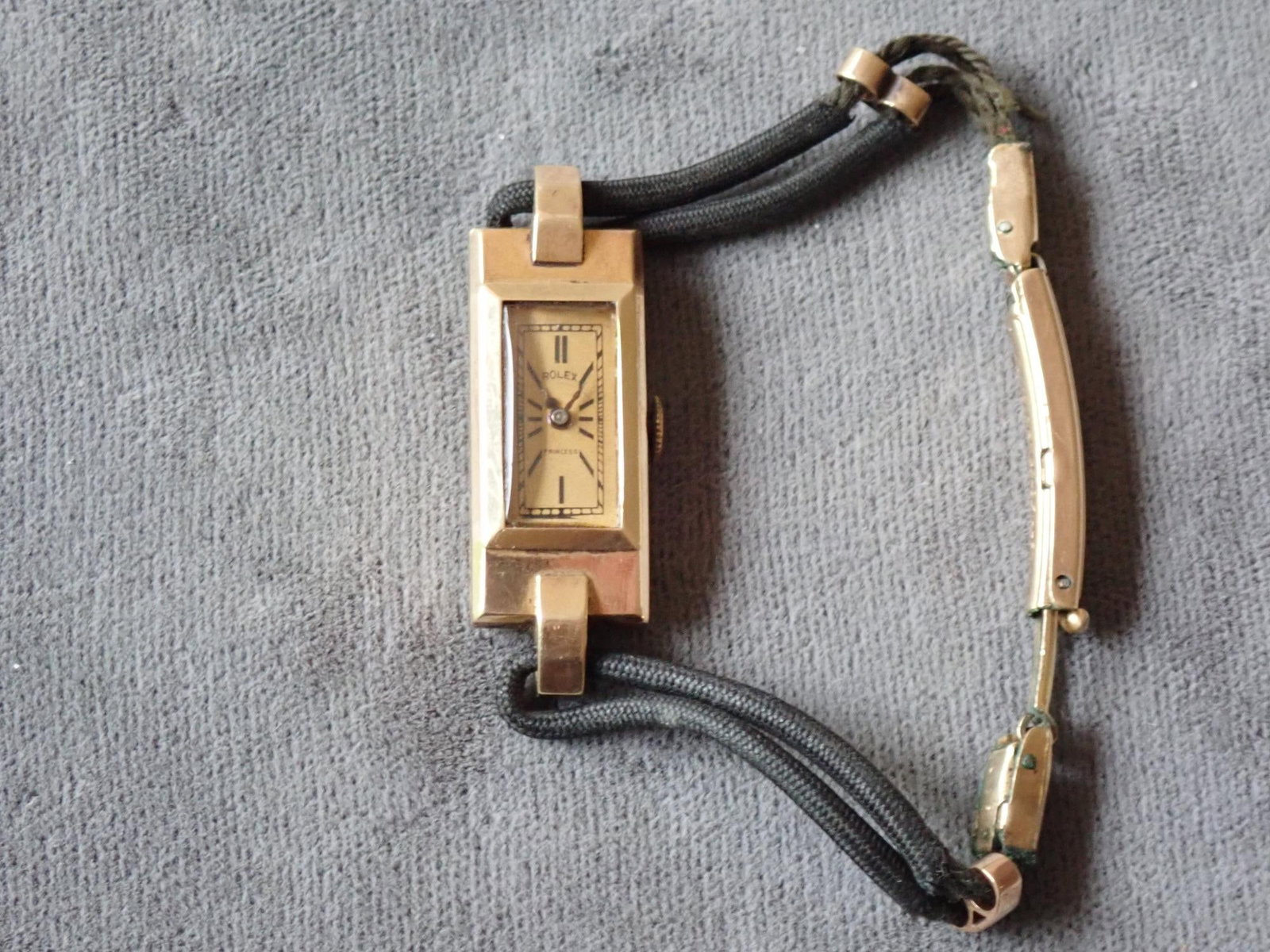 1920's 9K Gold Ladies Rolex Watch Princess: Marked C. Bucherer's Rolex Princess 2186 1384C, Band Clasp is marked 1/20 12K Gold Filled