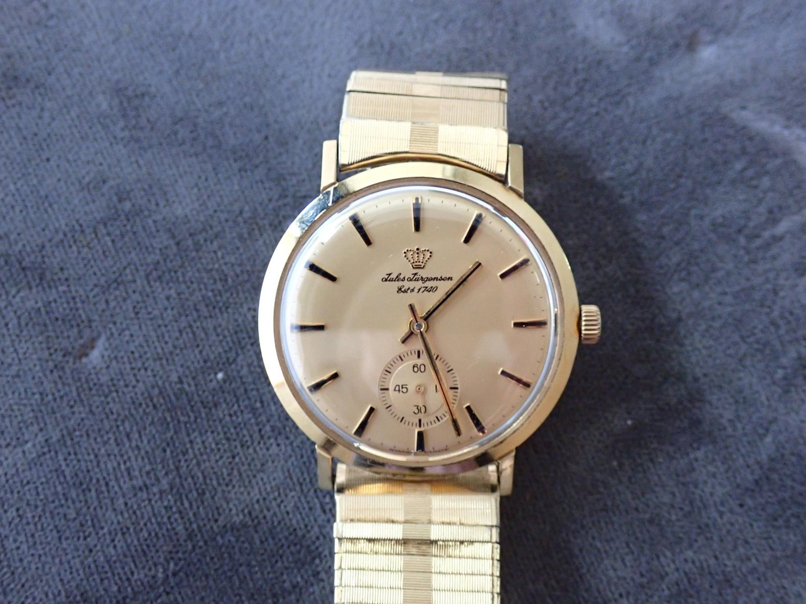 14K Jules Jurgensen Est. 1740 Watch: Marked 14K J.J. Band plated over stainless steel. Tested and ran for one minute.