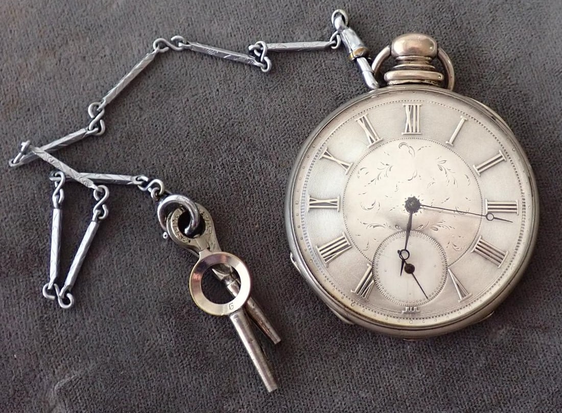 E.S. Capement 4 Jewel Coin Silver Pocket Watch: Antique watch. Front of case and crystal are loose. Doesn't work. Has chain and 2 keys.