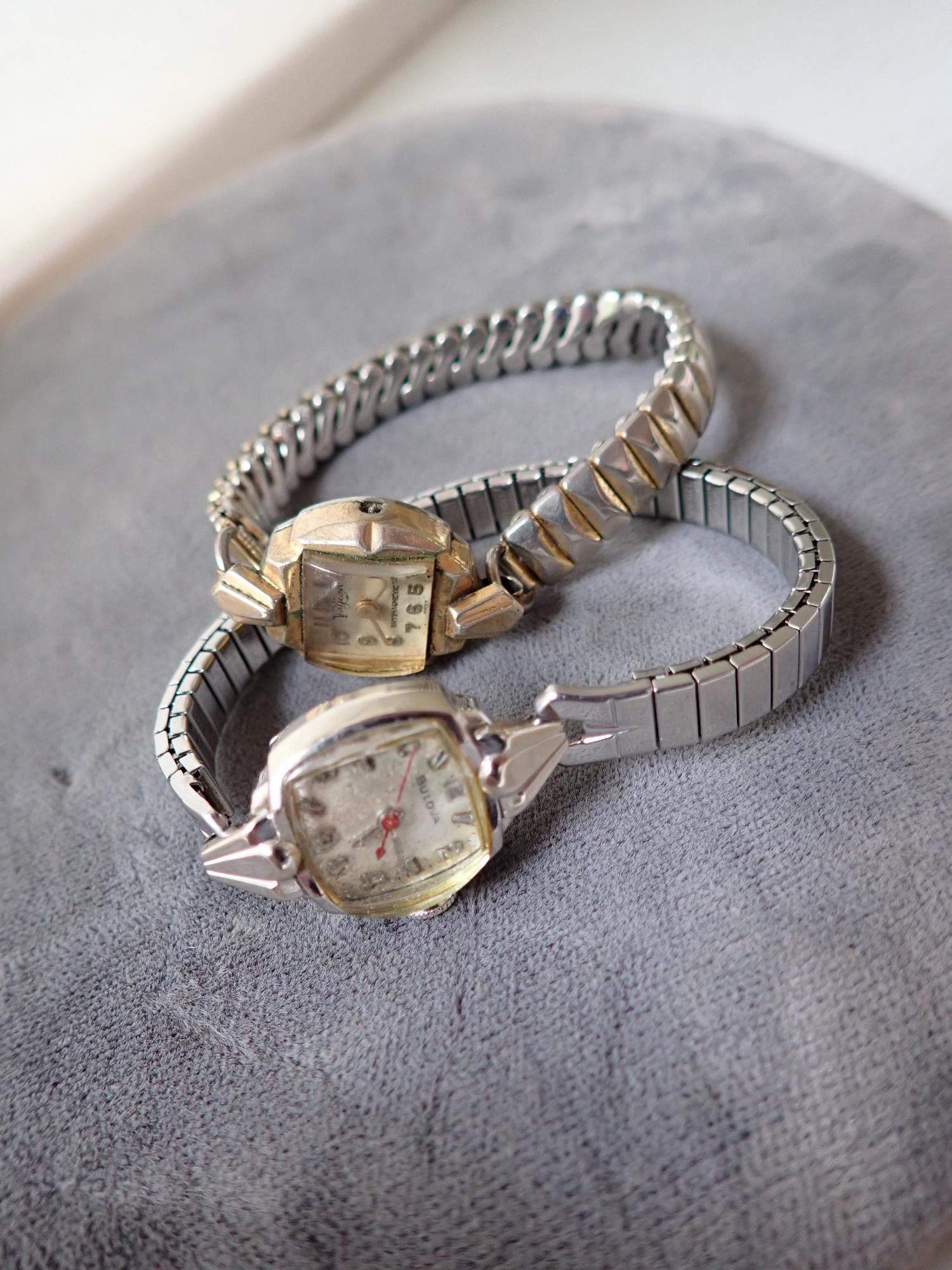 Bulova and Valjean Ladies Wristwatches: Valjean is 10K Rolled Gold Plated Bezel. The Bulova is 10K Rolled Gold Plated Bezel. Valjean shows wear and is missing stem. The Bulova Teste and ran for one minute.