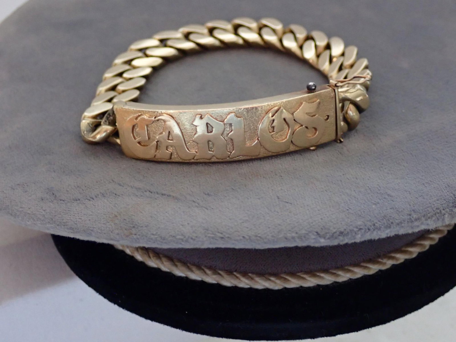 14K Gold 8 1/2" Long Bracelet - Embossed "Carlos": 86.7 grams