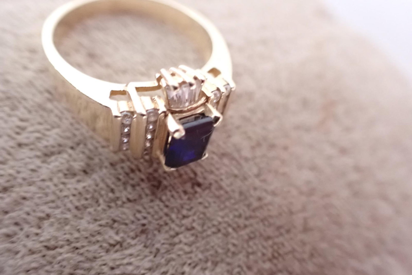 14K Gold Emerald Cut Sapphire and Diamonds Ring: 6.5 grams - Size will be added
