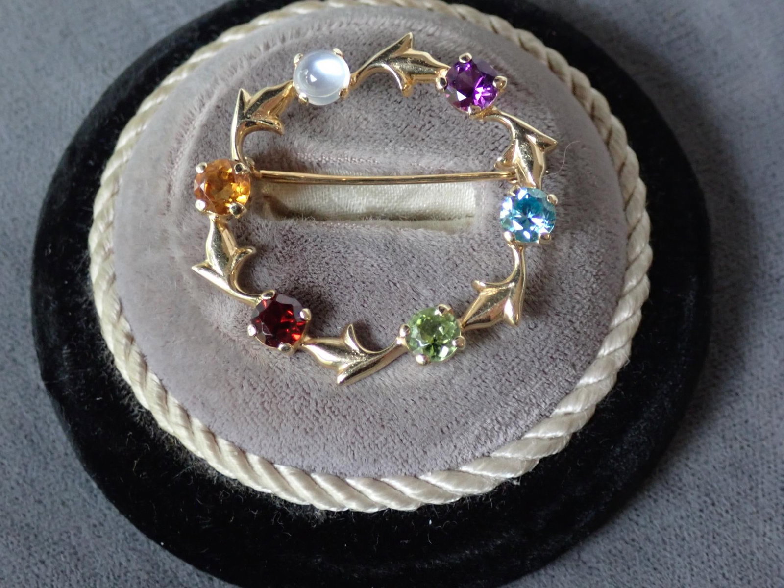14K Pin with Gemstones Pin: Garnet, Peridot, Blue Topaz, Citrine, Amethyst and Moonstone - 6.1 grams