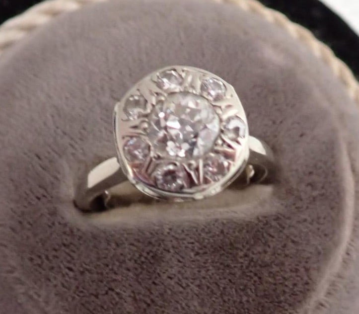 14K & 7 Diamond Ring - Old Mine Cut Diamond 6.2 mm: 5.5 Grams