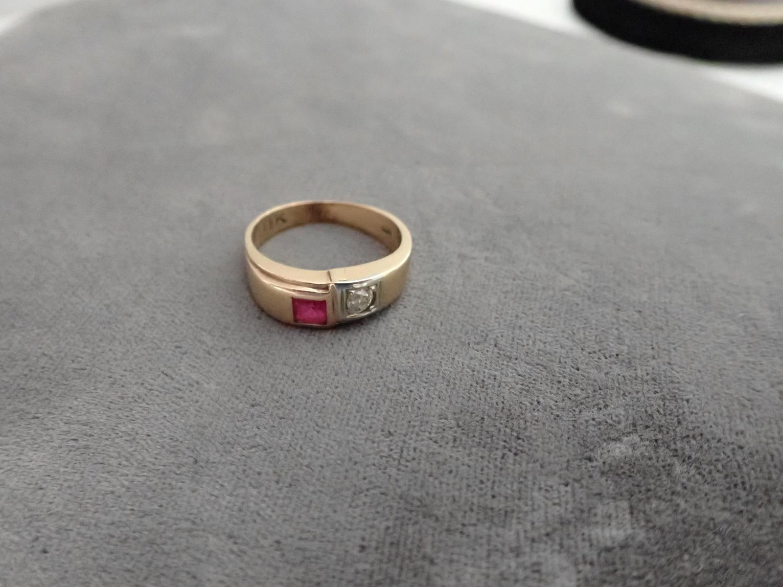 14K Old Mne Cut Diamond and Ruby 3mm Ring - 3