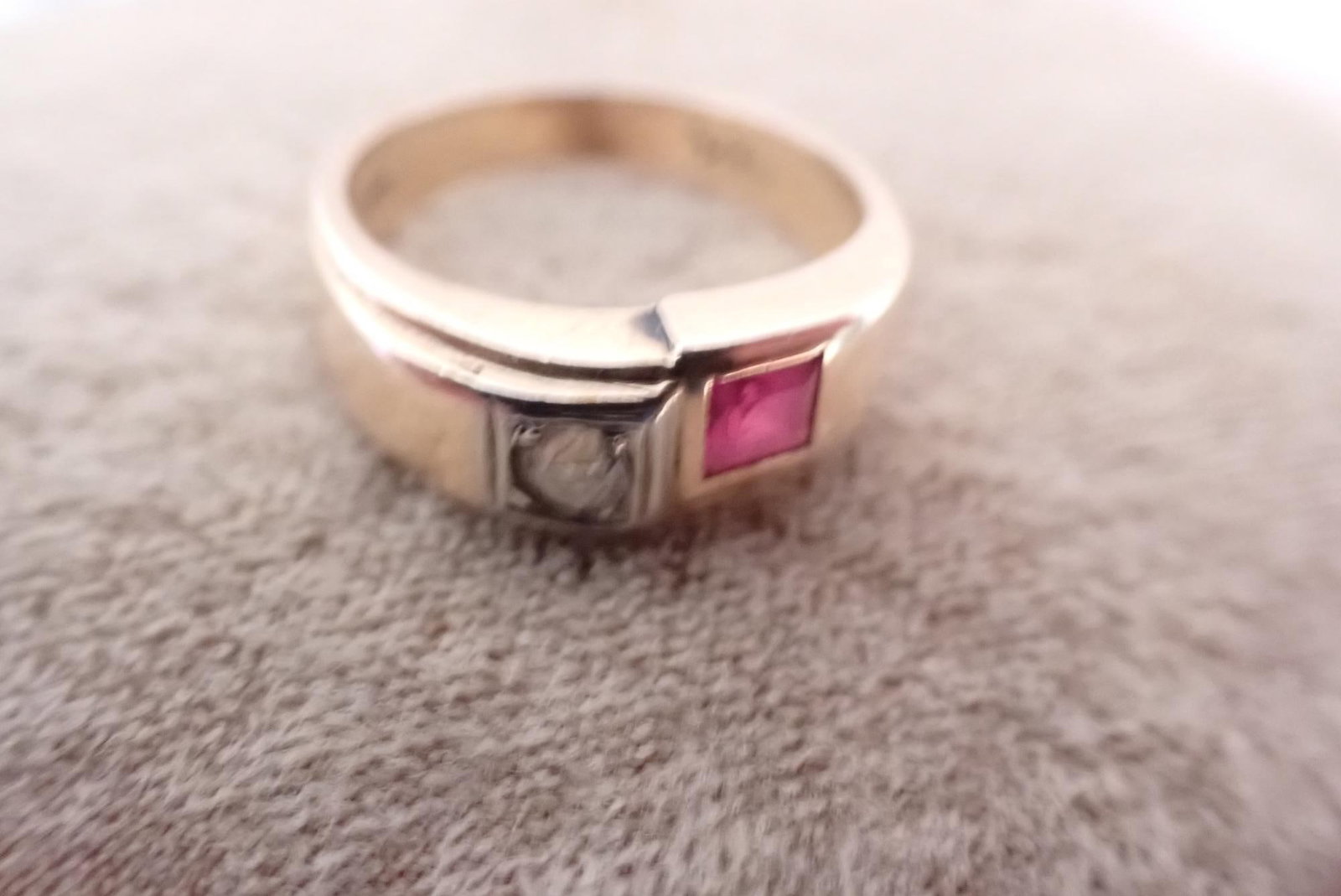 14K Old Mne Cut Diamond and Ruby 3mm Ring - 6