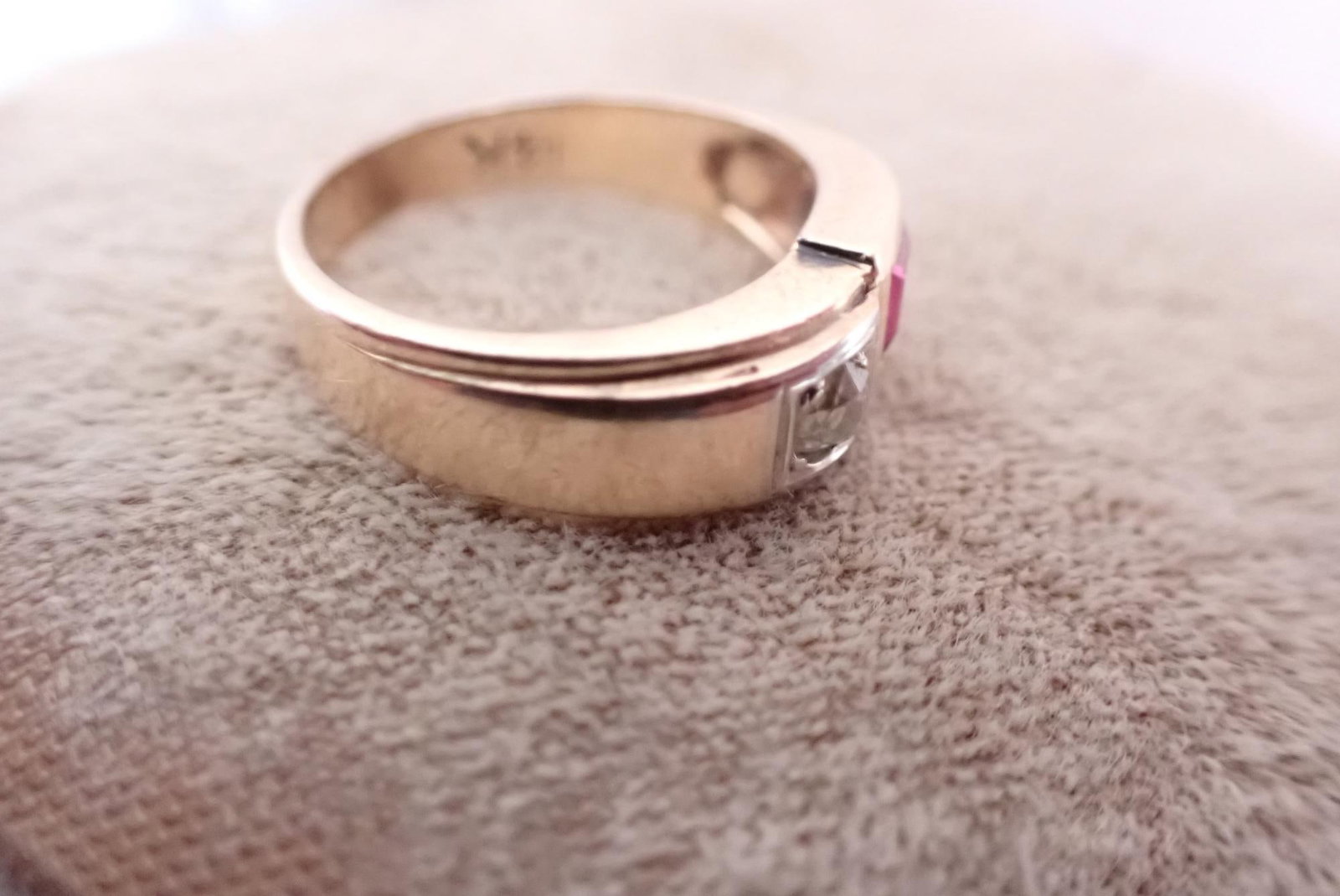 14K Old Mne Cut Diamond and Ruby 3mm Ring - 7