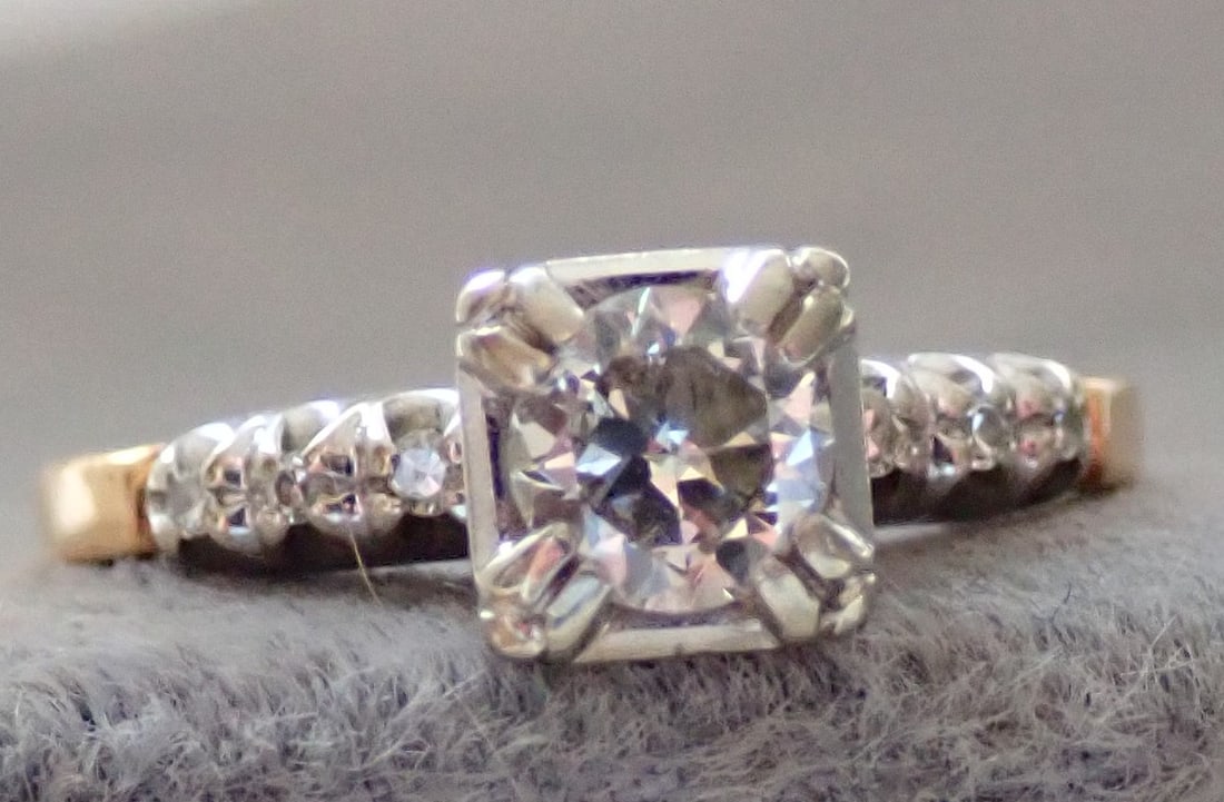 14K Gold & Diamond Ring: Size 5 1/4, 14k old mine cut and single cut diamonds, 4.5mm center - 2.0 Grams