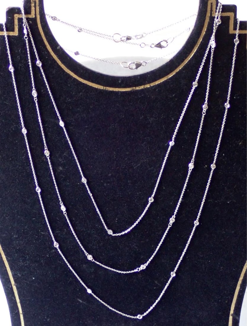 3 Strand 14K White Gold & Diamond Necklaces: 20", 18" and 16" - 7 grams