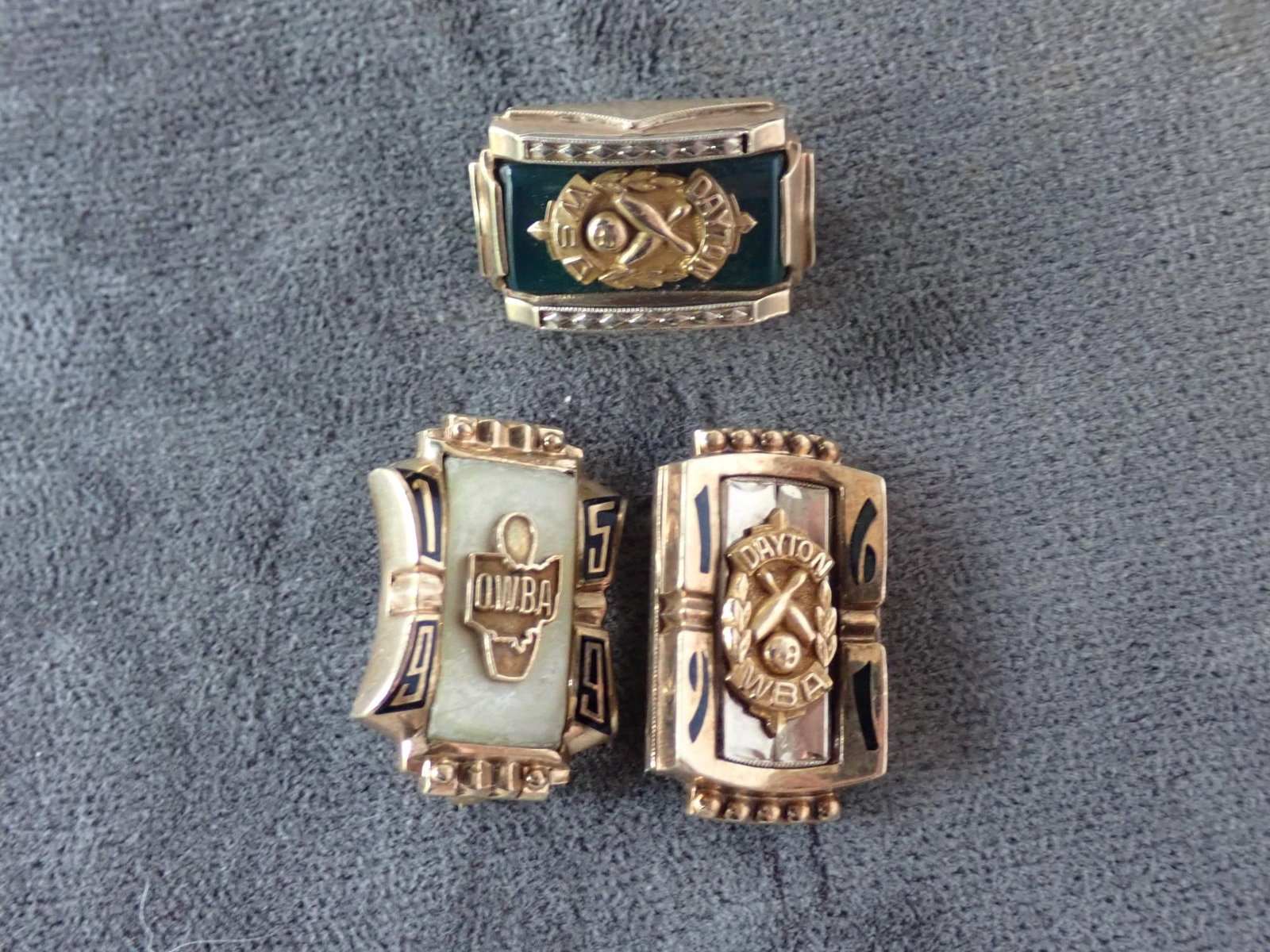 (3) 10K Gold Bowling Awarded Pins: 15 Grams. 1959 OWBA S. Levine Team 10K, Dayton WBA All Events 55 10K, 1961 Dayton WBA City High Series S Levine 664 marked HJ 10K