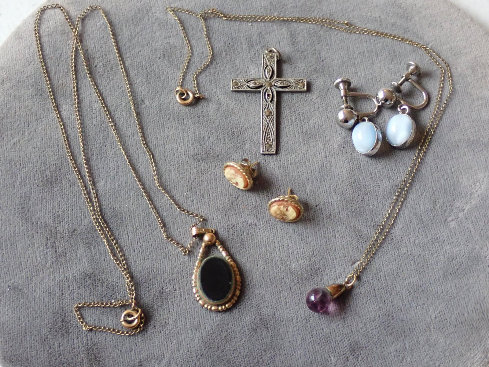 Gold Filled Pendants, Earrings & Sterling Silver: 10K Gold Filled Necklace and Pendant, Gold Filled Cuff Links, Gold Filled Onyx Necklace, Gold Filled Amethyst Sterling Cross, Sterling Earrings, & Other Gold Filled Jewelry
