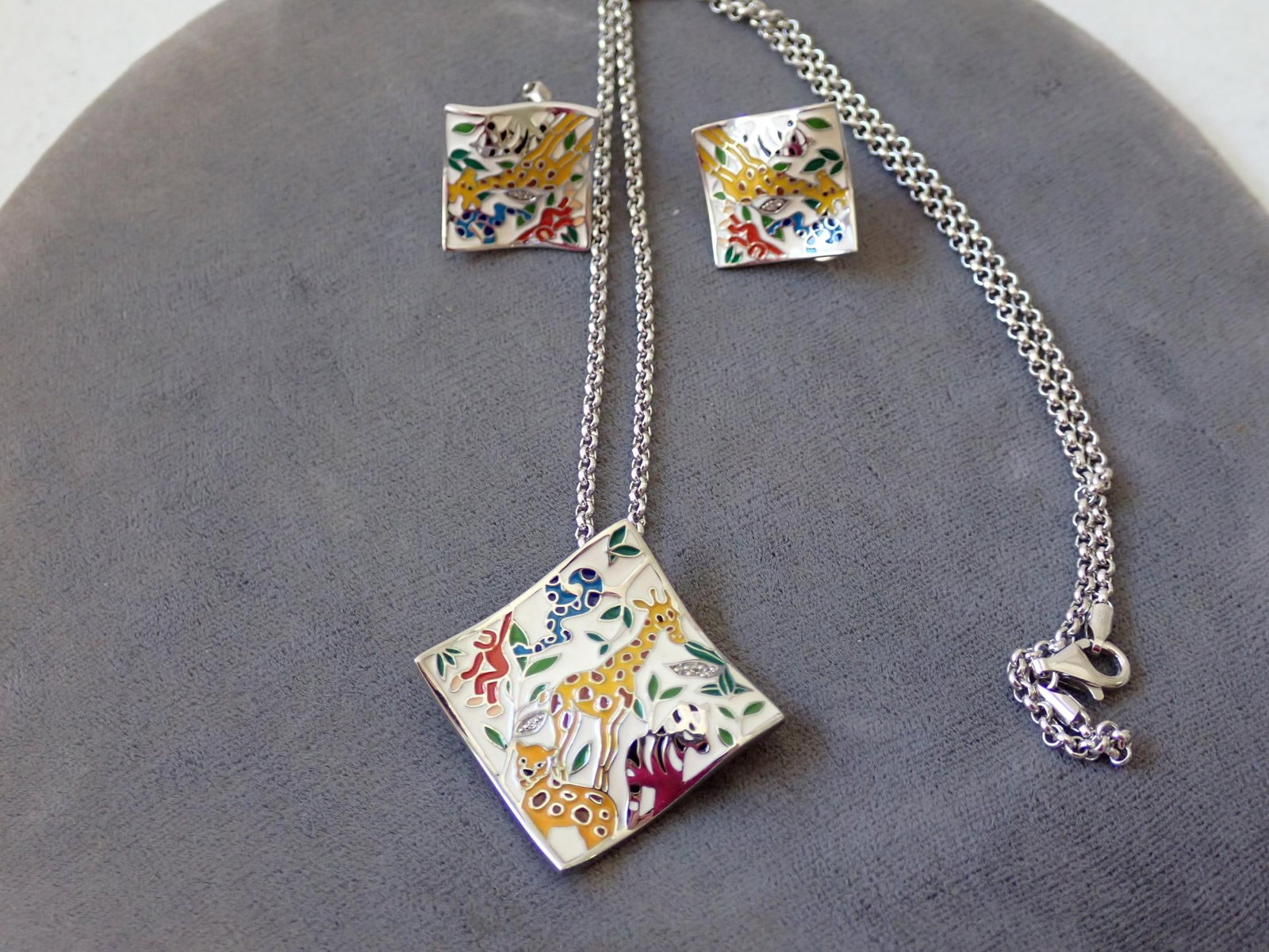 Sterling & Enamel Signed Belle Etoile Set: Sterling & Enamel Signed Belle Etoile Necklace, Pendant & Earrings. 20" Chain, Pendant appr. 1" Square. Clip Earrings appr. 3/4" square
