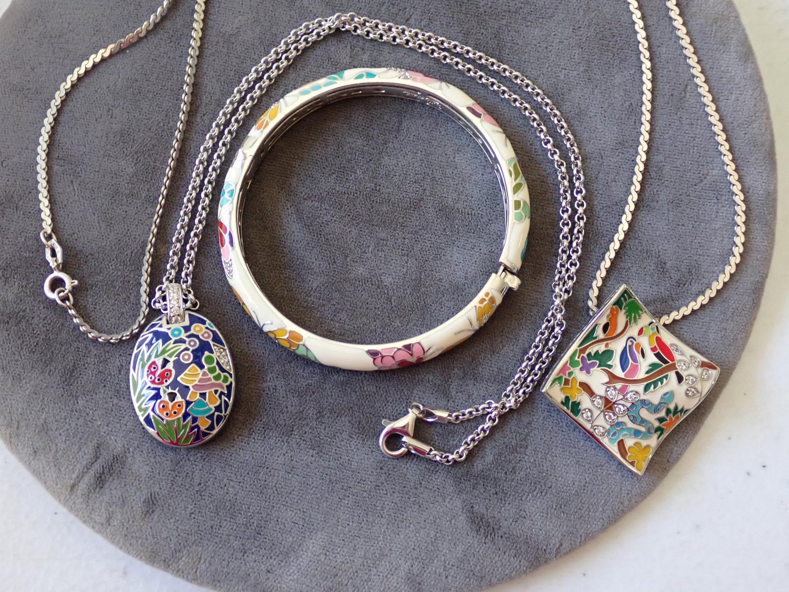 Sterling & Enamel Necklaces, Bracelets, etc.: Sterling & Enamel 2 Necklaces and Cuff Bracelet 18" Chain & 1 1/2" Pendant, 24" Chain and appr. 1" square pendant and cuff 2 1/2" diameter
