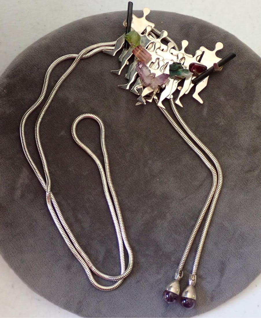 Iriniri Sterling Silver Figural Gem Necklace: and Pendant. Chain appr. 38". Pendant 2 3/4" at top and 1" at bottom. Appr. 2" high.