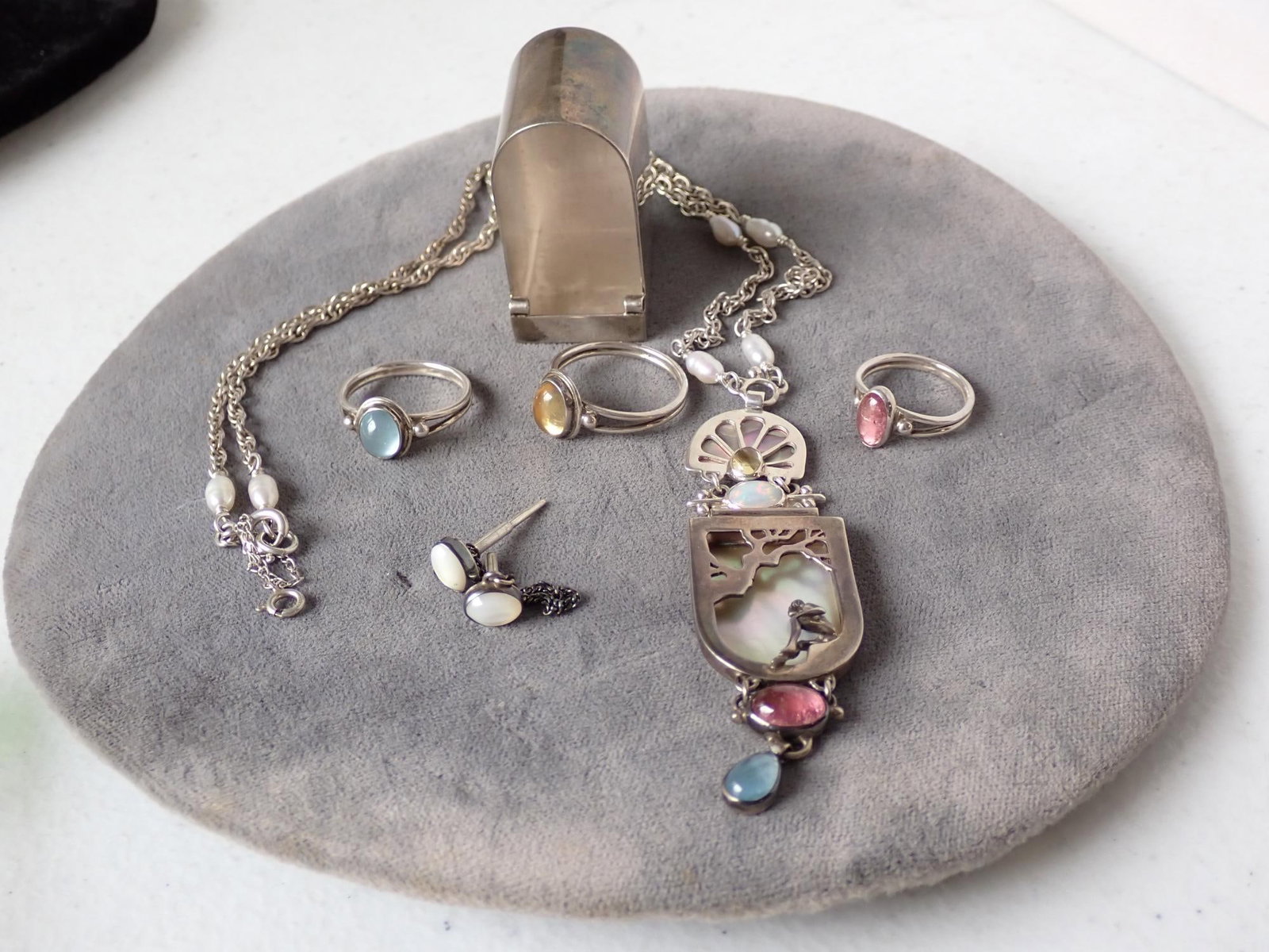 J C Bell Stamped Sterling Adjustable Jewelry w/Box: 1984 J Campbell #2884 Box Marked. Necklace marked sterling J Campbell. 20" Chain with 3 1/4" pendant. Also 3 rings