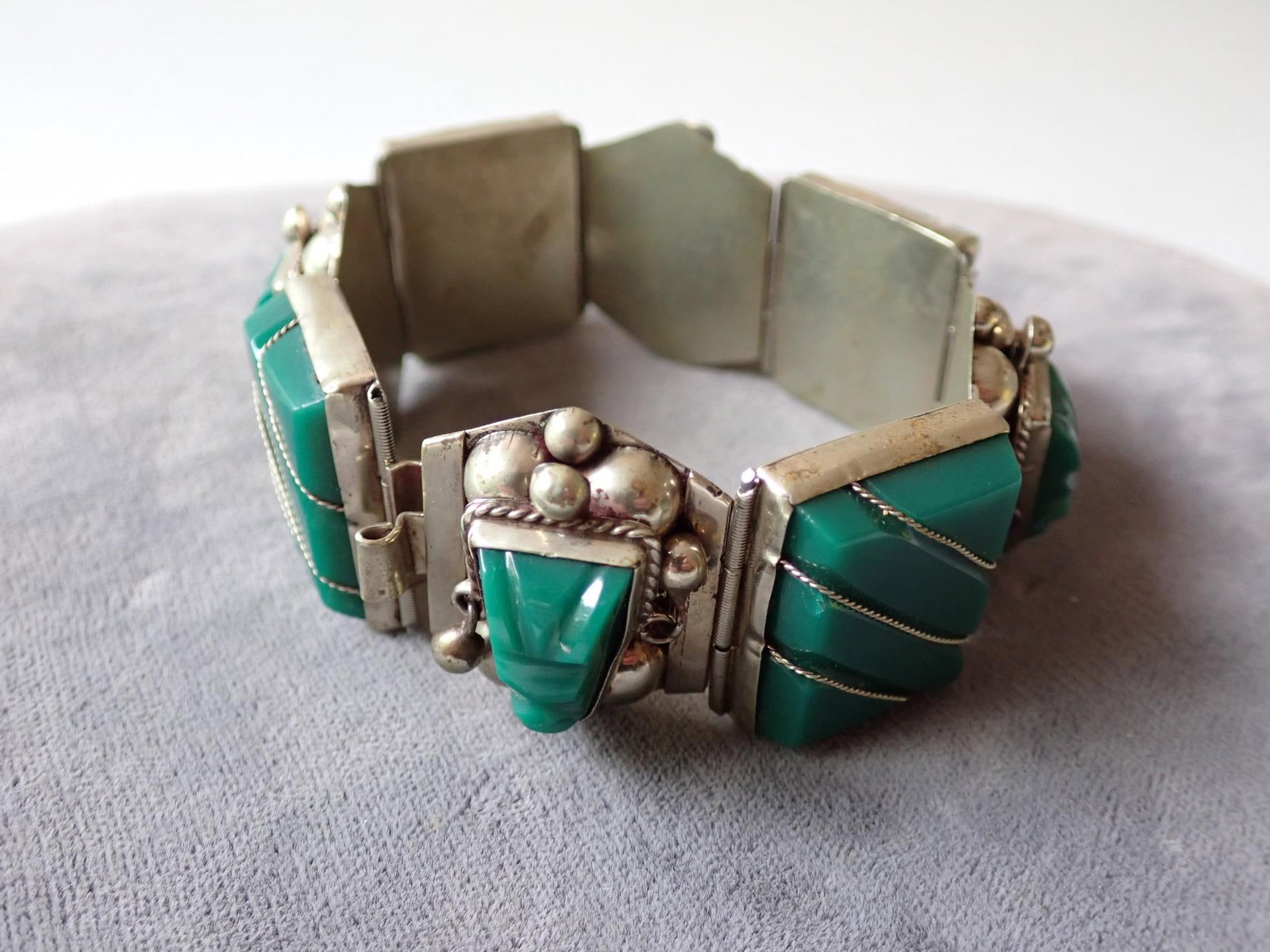 Sterling Mexico Bracelet with Green Stones: Marked 925 = Appr. 7 1/2"