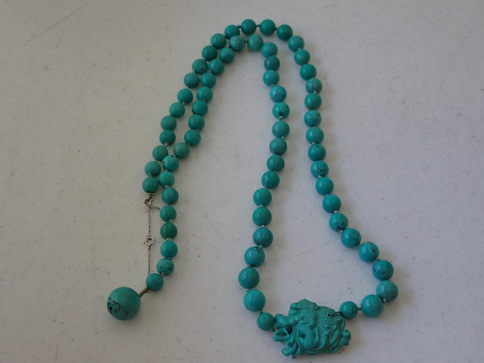 Turquoise Beaded Necklace 14K Chain and Clasp: Appr. 31 1/2" with Pendant.