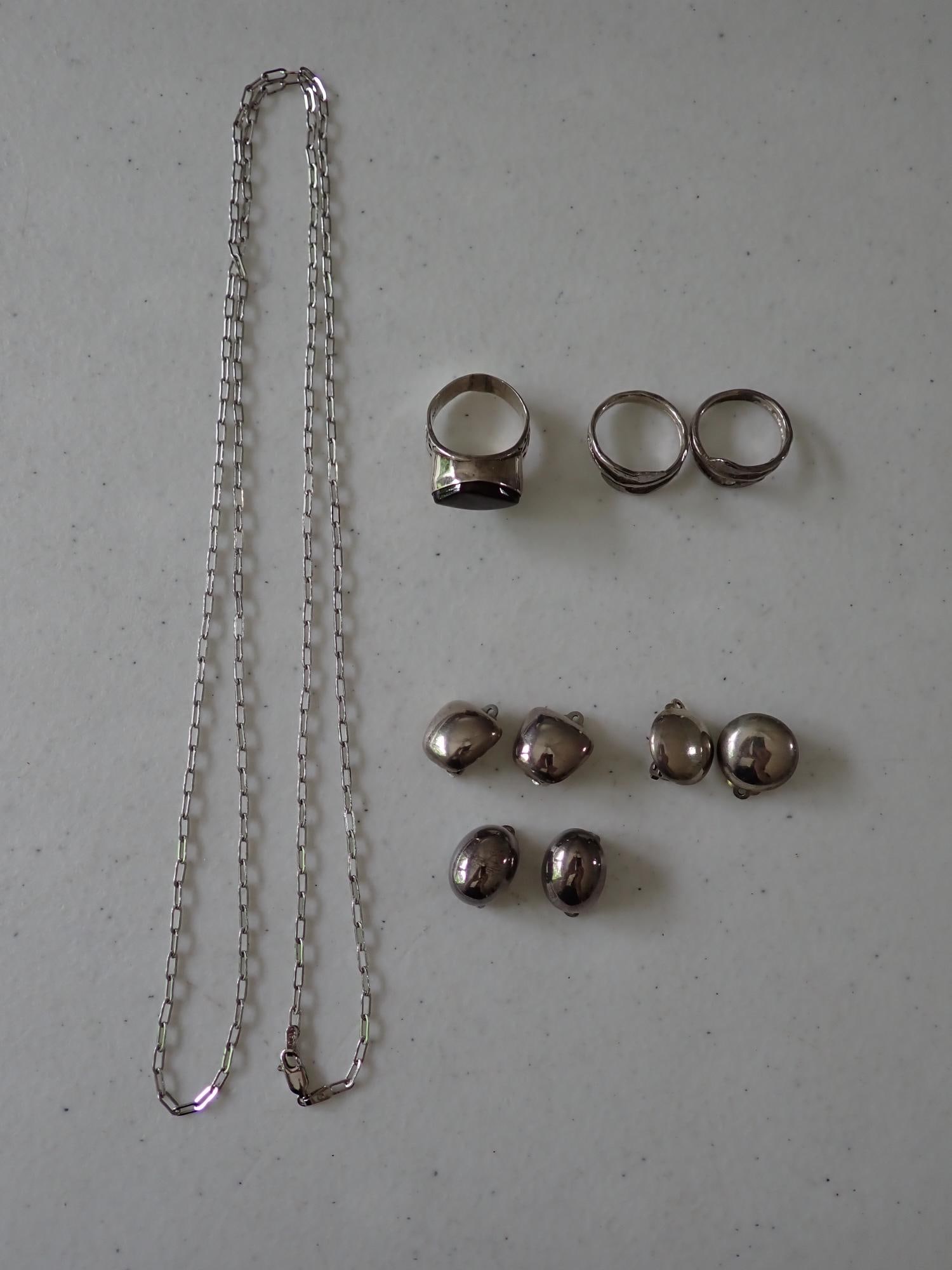 Sterling Silver Earrings, Necklace and Rings: Monet, Zina and Other Sterling Clip Earrings, Sterling Rings, Sterling 925 36" Chain, Size 9 1/2 Ring with Large stone appr 5 1/8" across, + 2 snake rings - Appr. 1.5 ounce weighed with ring with