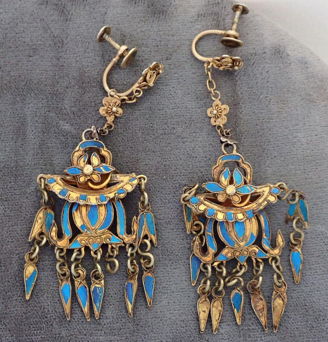 Antique Chinese Brass and Plated Enamel Earrings: Antique Chinese Brass and Plated Enamel Earrings