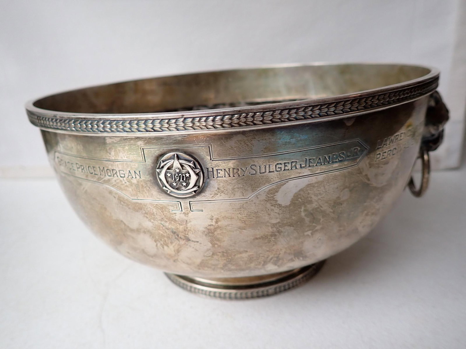 American Sterling Silver Presentation Bowl: Marked Sterling 1772. Circa 1927, Grace Price Morgan and Henry Sulger Jeanes, Jr. Approximately 30 Troy Ounces. 8 3/4" Diameter. 4 3/4" high - weighed without grate