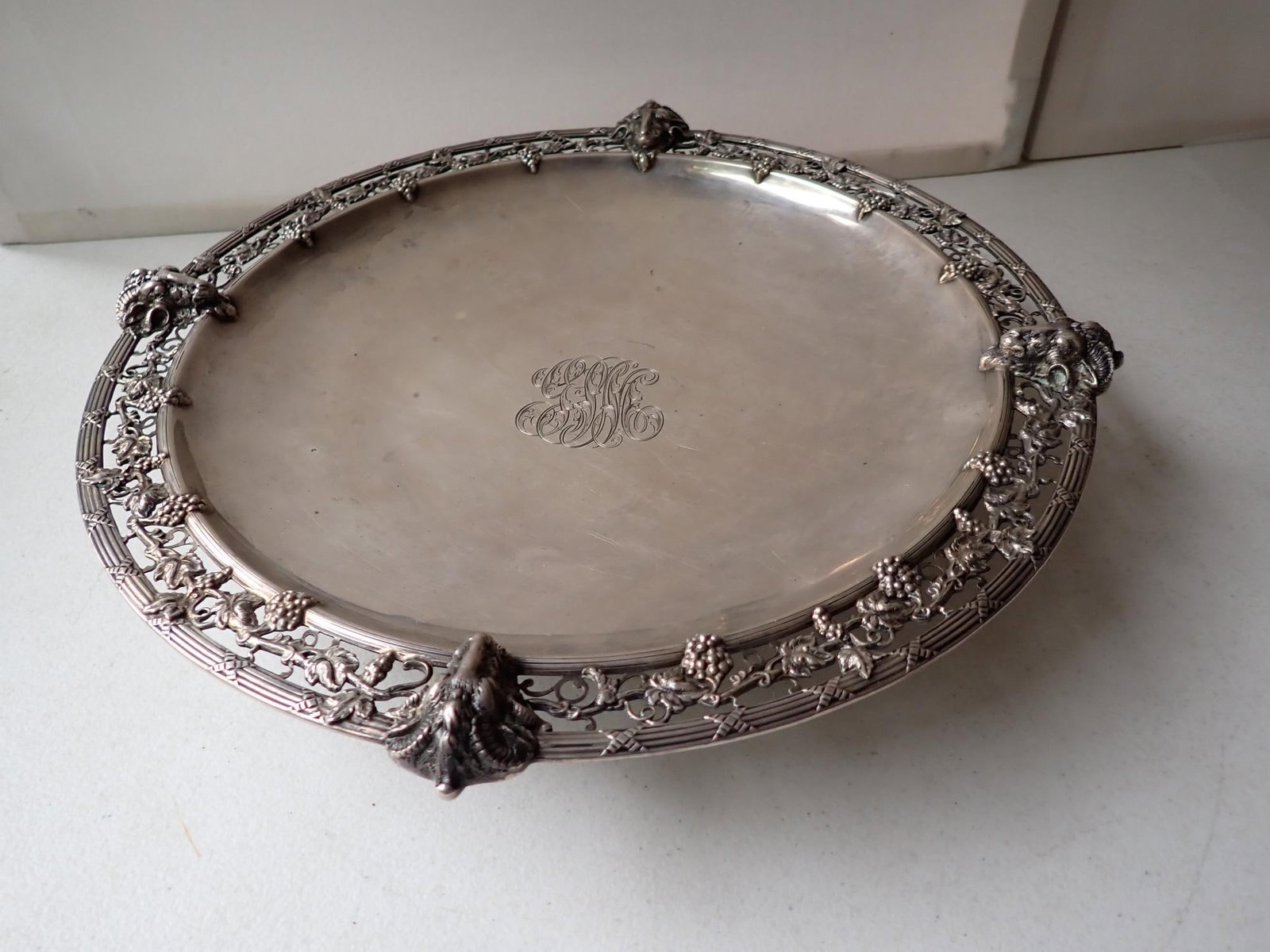 Bailey, Banks & Biddle Sterling Footed Dish: Ram's head and vines, central monogram. # 8763. 13" diameter. 32 Troy ounces. 2 1/2" high to top of Ram's head