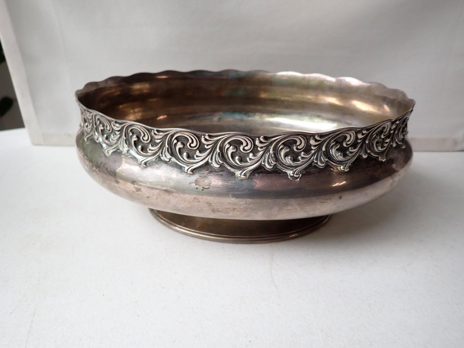 Sterling 924 1889 Serving Ornate Footed Bowl: Ornate Rim. 10 1/4" top of rim diameter. Appr. 4" high. 26.3 troy ounces.