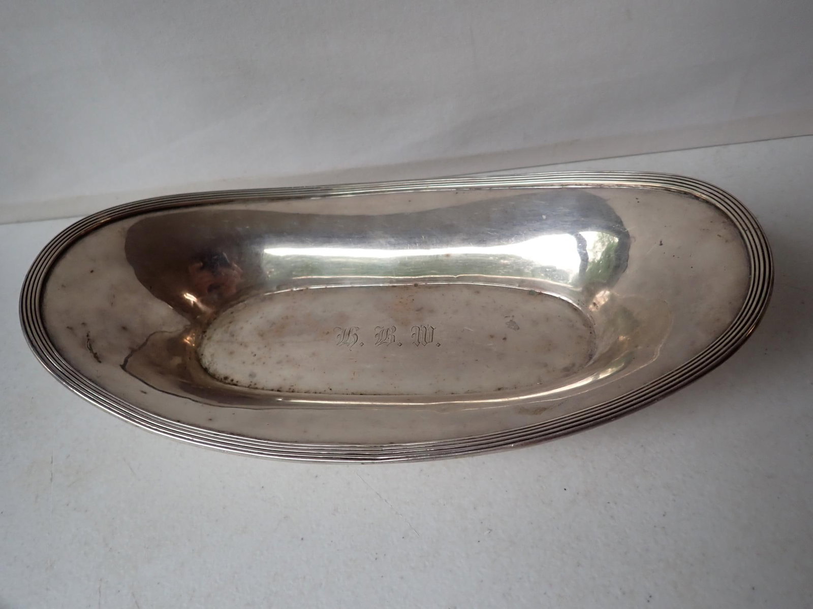 Sterling Oval Serving Bowl: Marked 642. 11 3/8" x 2 1/4" Monogrammed. 10.2 troy ounces.