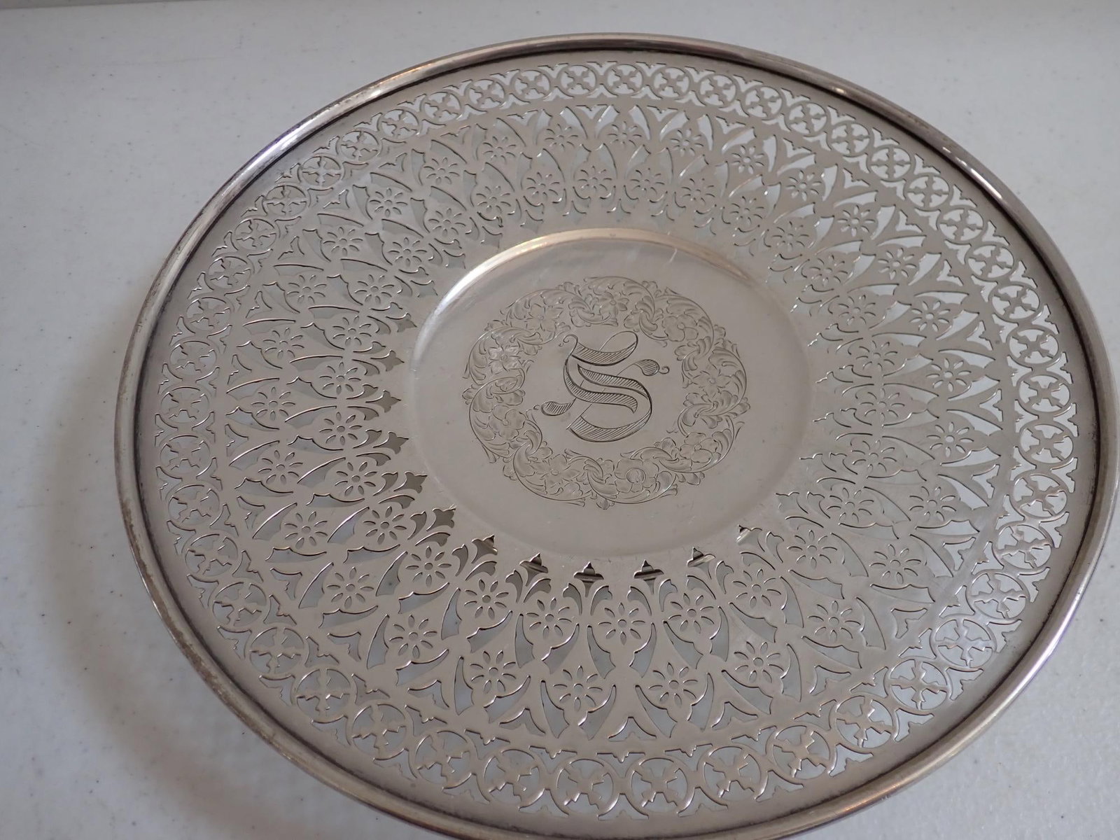 Sterling 9 1/2" Pedestal Dish Reticulated: Monogrammed. 1 1/2" high. 8.3 troy ounces.