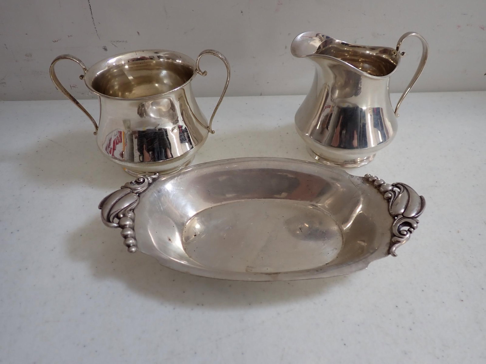 Sterling Art Nouveau Dish & Creamer & Sugar: Art Nouveau Dish 6 3/4" long x 4", CH JS Co.. Sterling Creamer and Sugar Appr. 3" and Creamer appr. 2 1/2." 7.6 troy ounces.