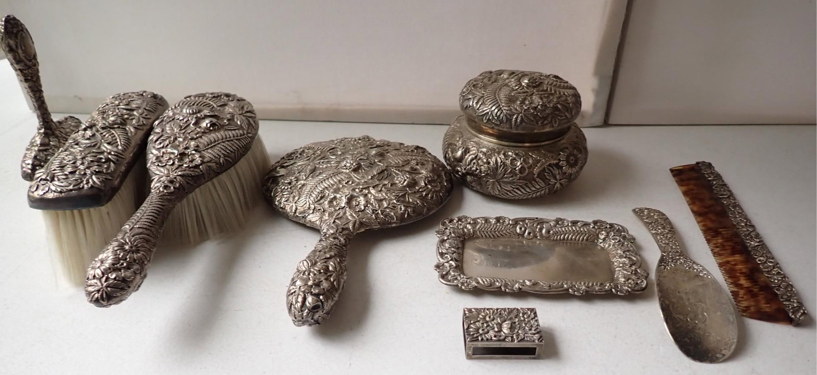 S. Kirk & Son Sterling Floral Repousse Dresser Set: 9 Pieces