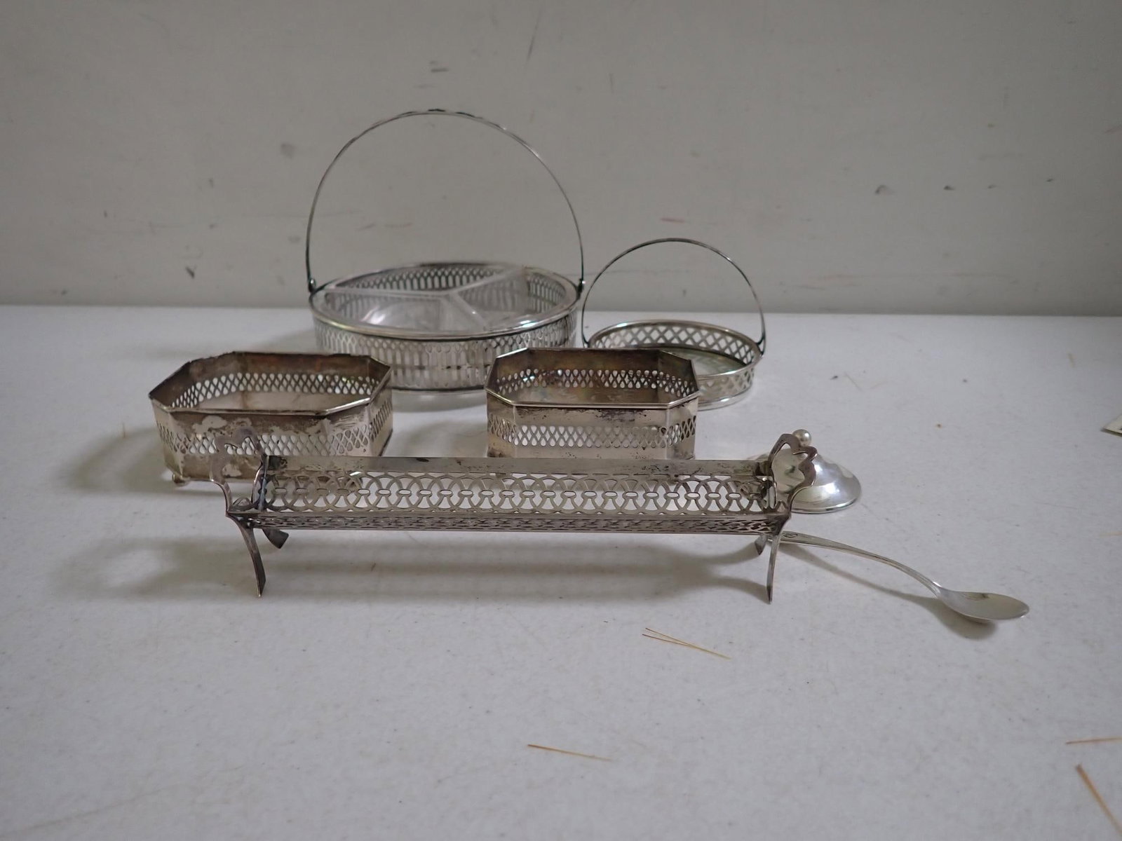 Webster Sterling Candy & Tray & Other Sterling: Round dish with glass bottom. Candy dish with handle 5" diameter, tray 6 1/2" long, 3" tray with handle and glass bottom, Sterling Cover and Spoon 3". Bottoms 3" x 2 1/4". Weighed without Glass. 6.1