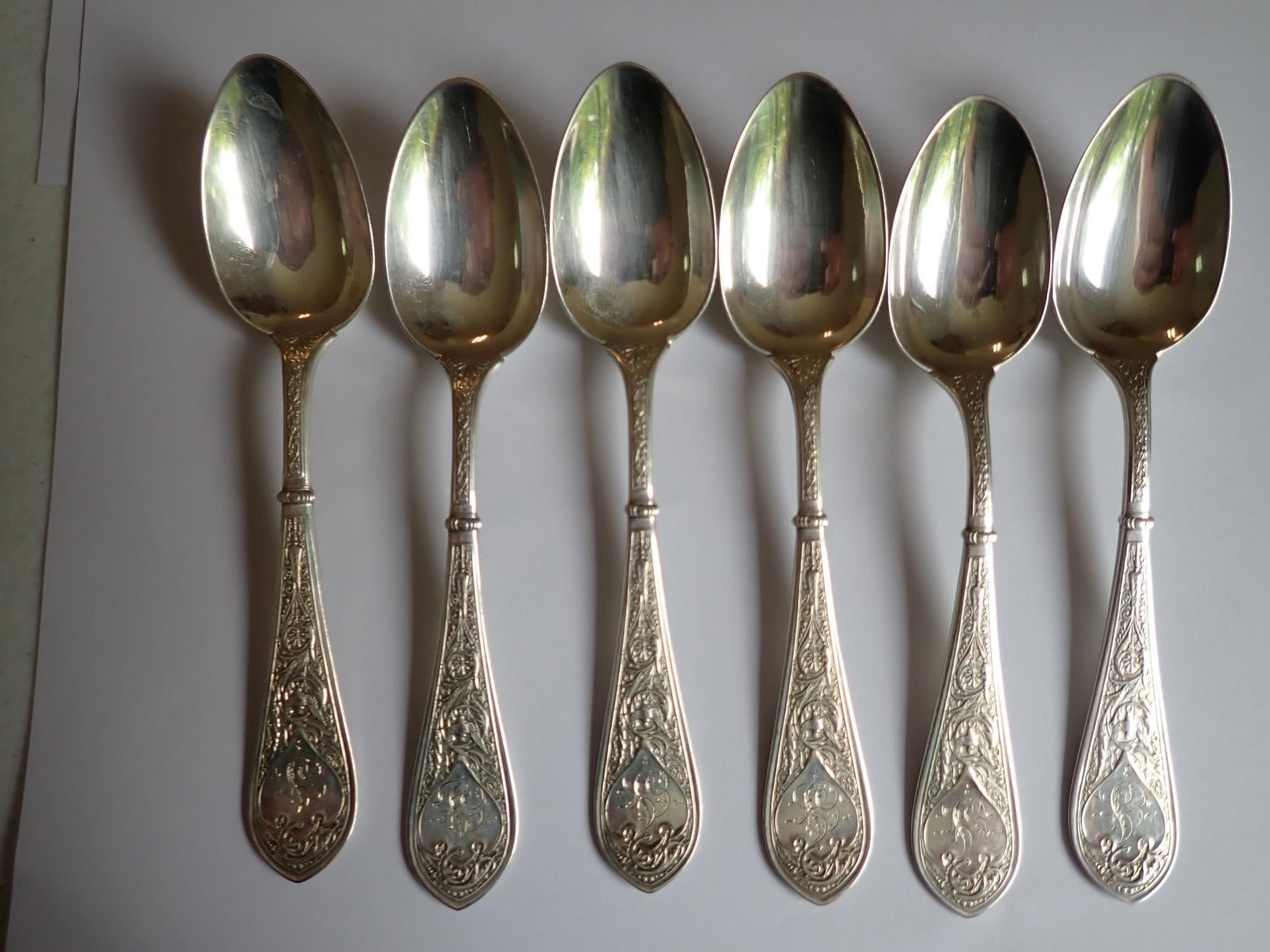 Sterling Silver 6 Teaspoons 6": Marked Sterling Pat. Applied For. Monogrammed. 5.3 troy ounces.