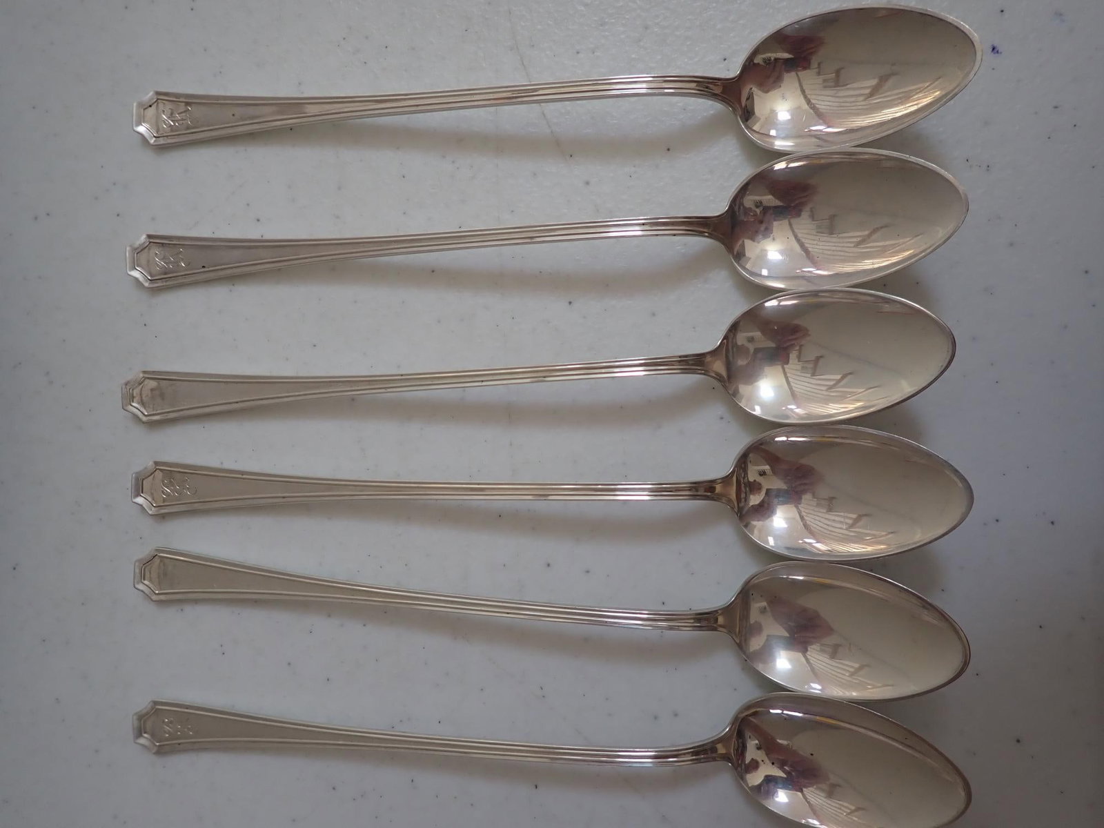 6 Sterling Silver Gorham Ice Tea Spoons 7 1/2": Monogrammed. 4" x 3 1/4". Total weight. 5.2 troy ounces.