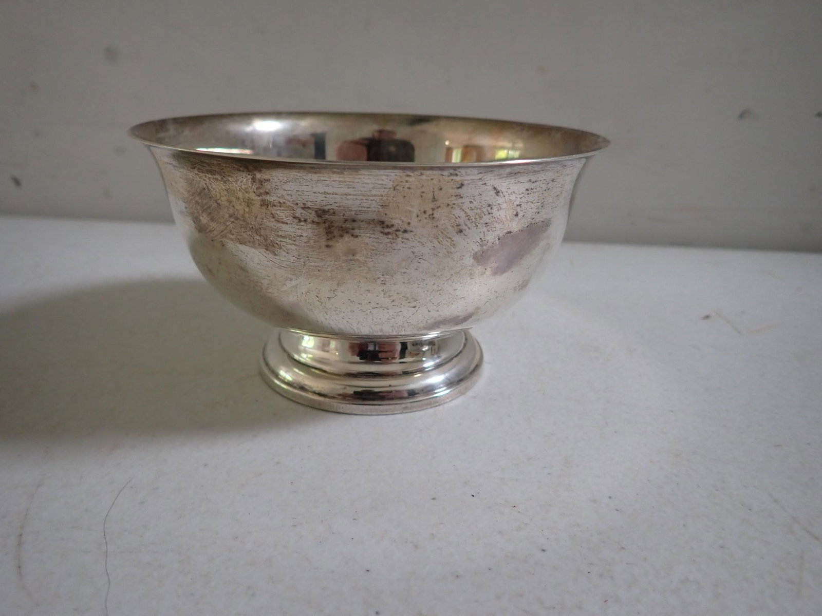 Paul Revere Reproduction Bowl Sterling: Kenneth B. White Trophy 1965 Won by Lois Greenwood 5" x 3" High Marked Paul Revere Reproduction Circa 1768 Newport Sterling 3135. Rim is bent. 4.6 troy ounces.