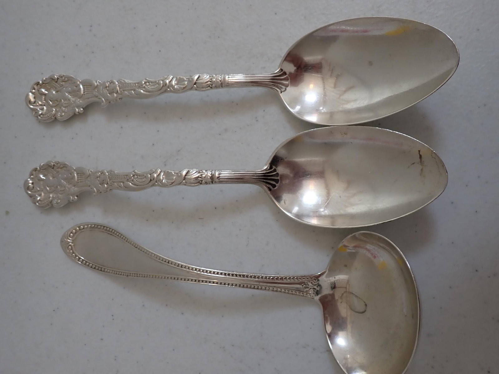 Sterling Silver Serving Spoons & Coin Silver Ladle: Spoons are 8 1/2" and ladle is 7 1/4". Spoons 5 troy ounces and Ladle 2.2 troy ounces