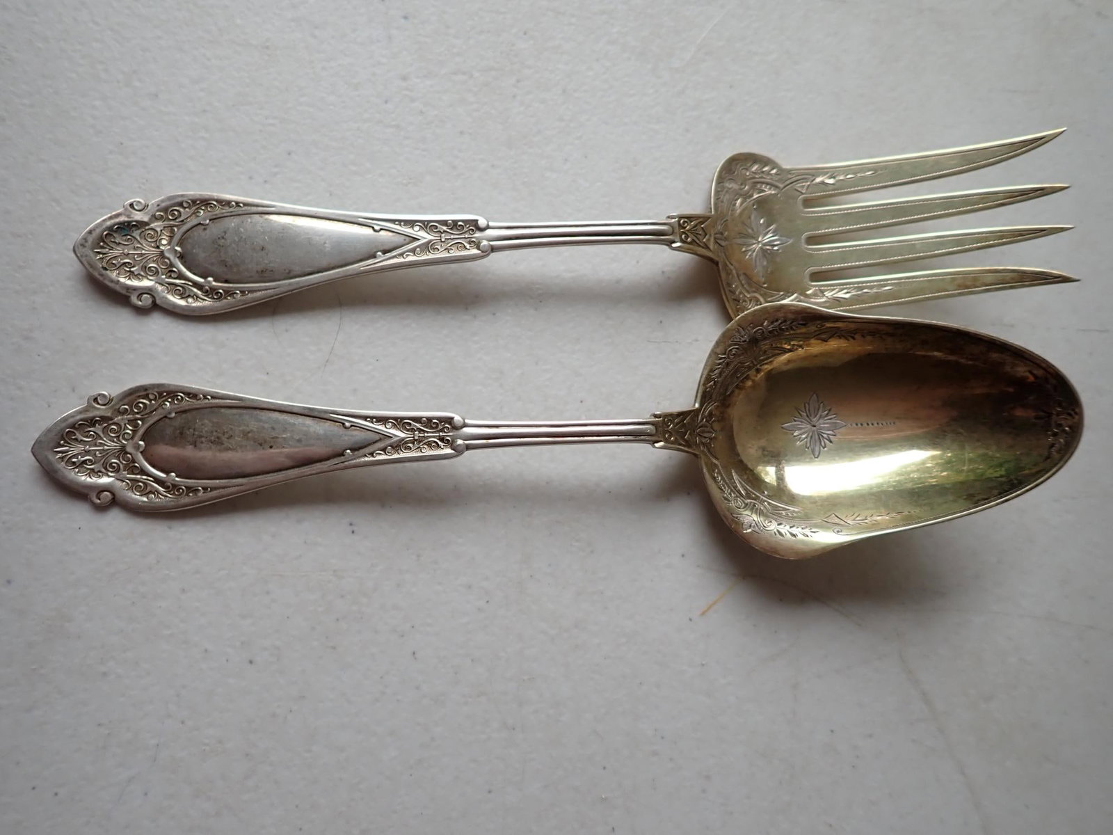 Sterling ___ Pat. 1878 Gold Wash Serving Pieces: Serving Fork and Spoon. Appr. 8" Long. 3.4 troy ounces.