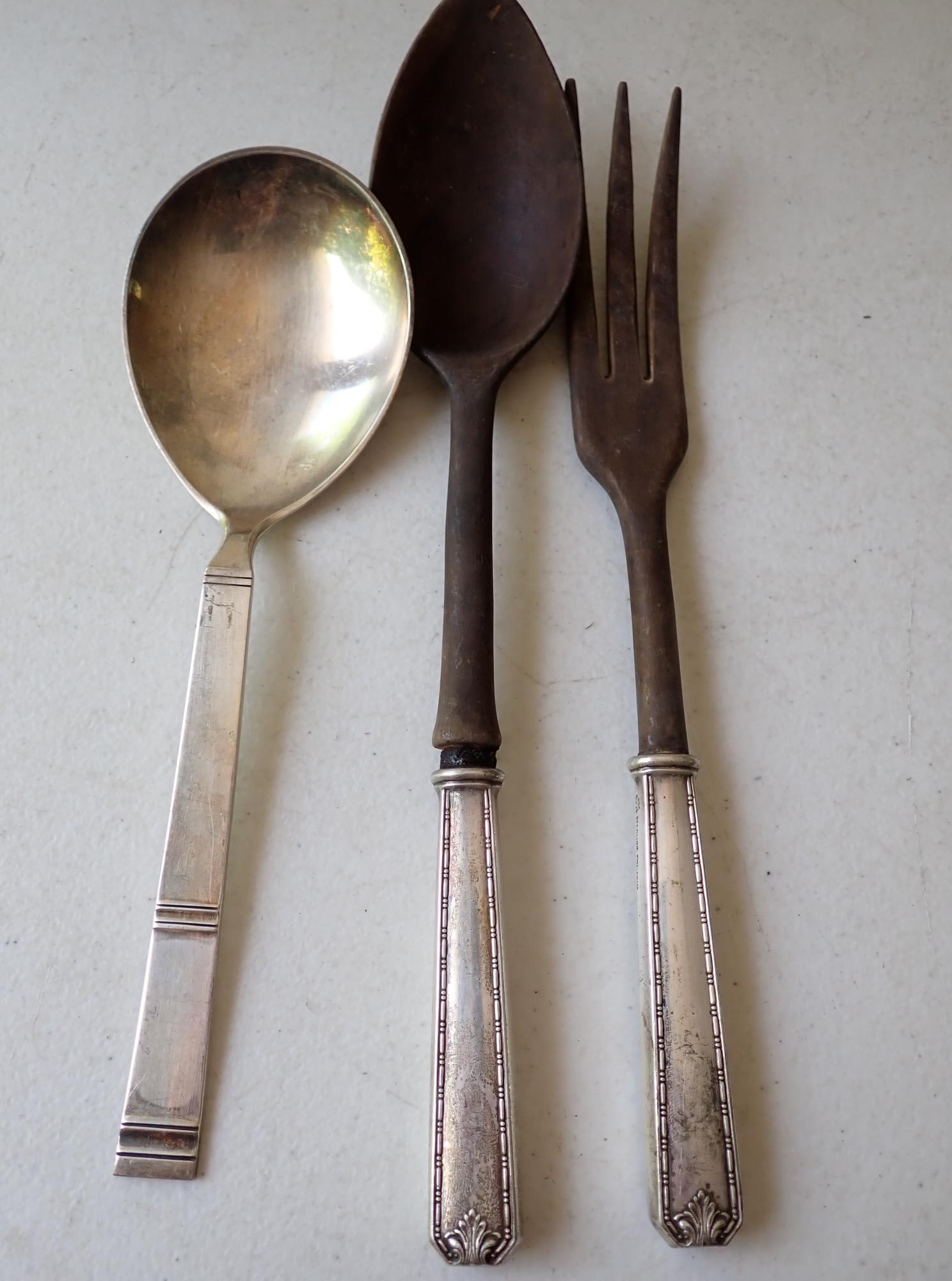 Sterling Denmark Serving Spoon & Salad Set: Serving Spoon is 8 7/8". Salad Set has Wooden Handles Pat. 1910. 2.8 troy ounces.