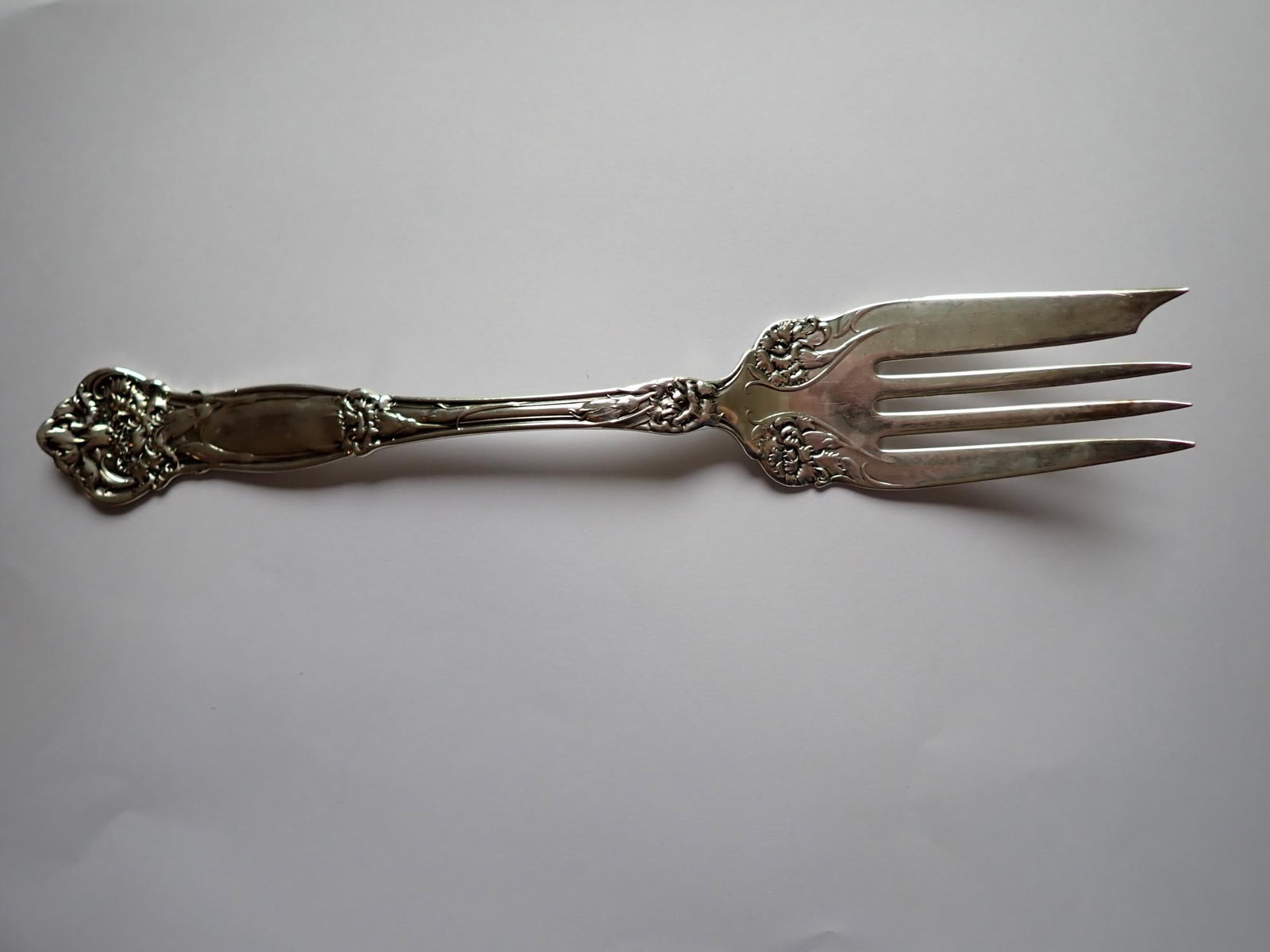 Wallace Carnation Sterling 8 1/2" Serving Fork: Marked Pat. Oct. 27 1908. 1.9 troy ounces.