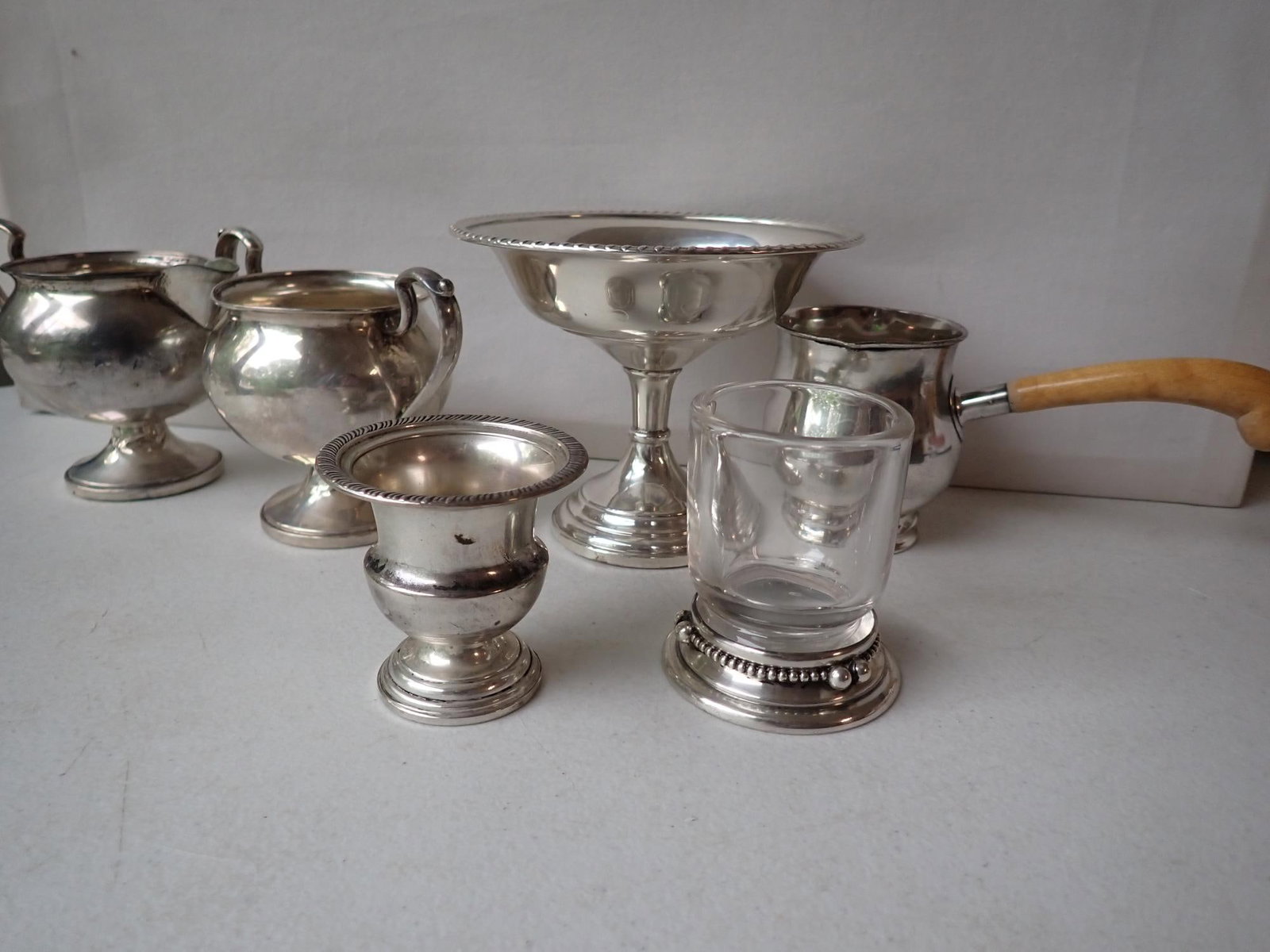 Weighted & Other Sterling Silver: Crosby Pedestal Bowl, Creamer and Sugar, Toothpick Holder, Towle 172 Pourer & Sterling Rimmed Glass Holder