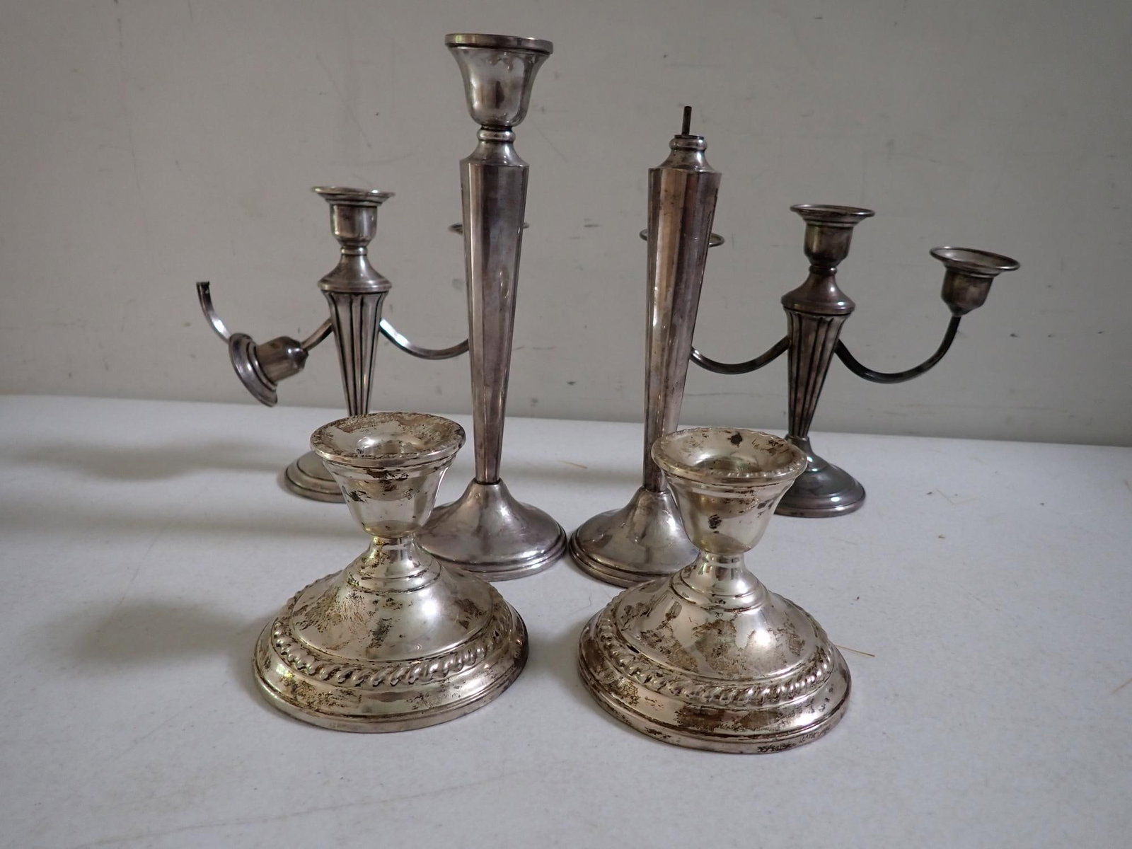 Weighted Candelabra and Candlesticks Sterling: Pair 3 1/2" candlesticks, 8 1/2" candlesticks (1 damaged) and 2 candlesticks (1 damaged) 6"