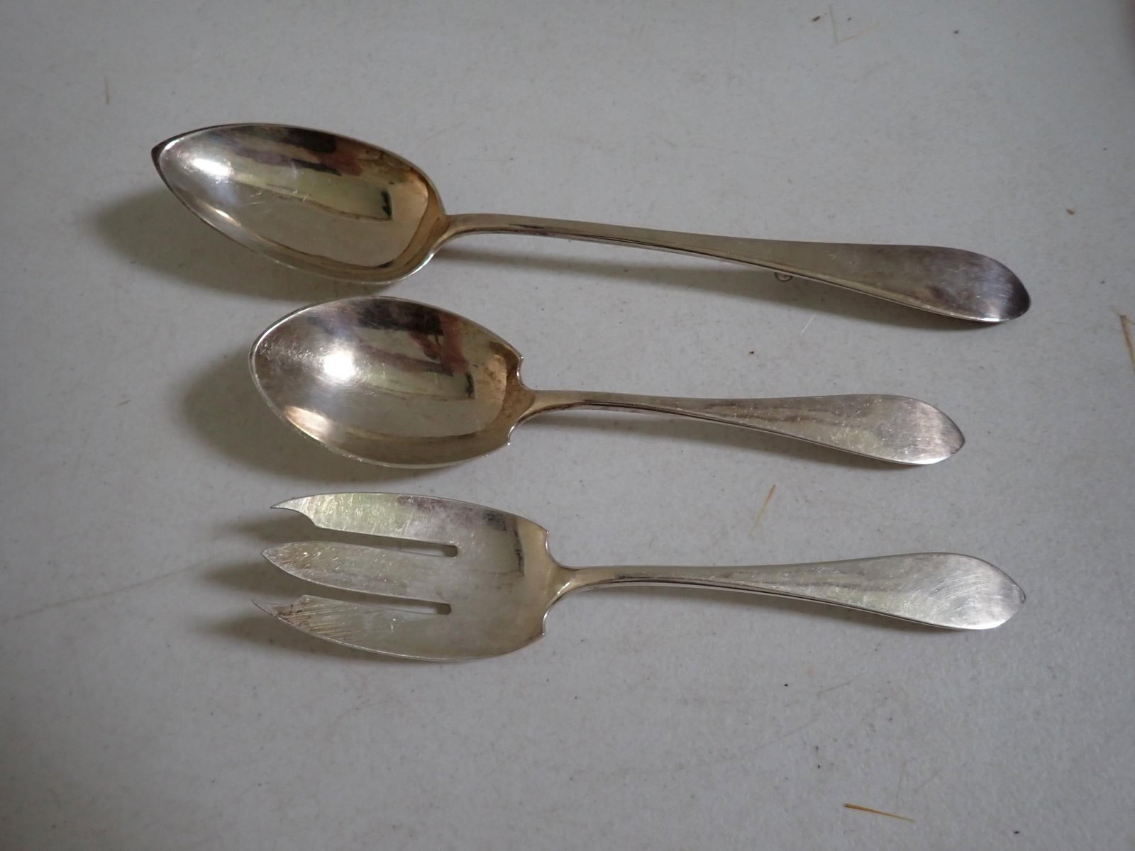 Stone Sterling Salad Set & Serving Spoon: Salad Set is 9" (6.2 troy ounces). Large Serving Spoon with stand 12 1/2". (4.5 troy ounces).