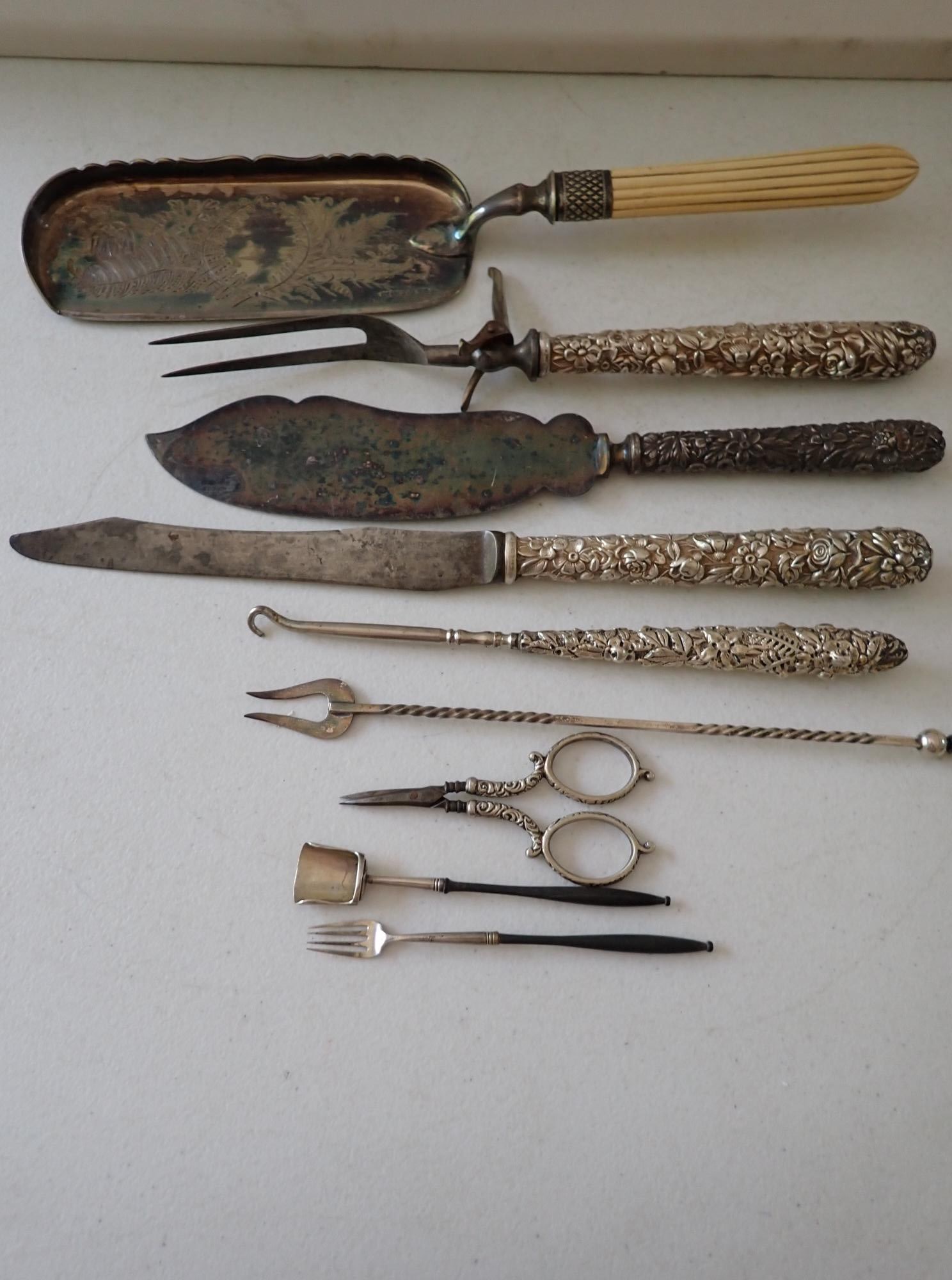Silver Handled & Silverplate Serving pieces, etc.: Repousse handles on some pieces. Some signed.