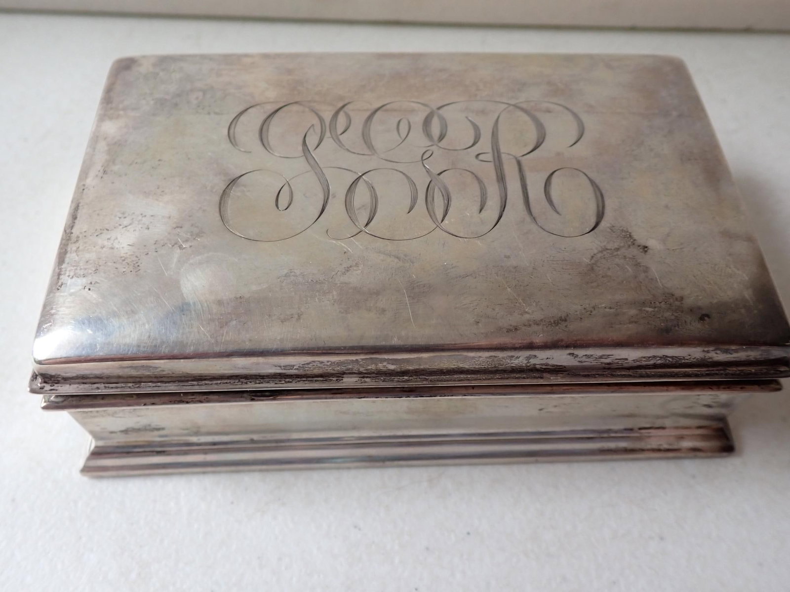 Gorham Sterling Wood Lined Cigarette Box: Sterling 314 5 3/8" x 3 1/4" Monogrammed
