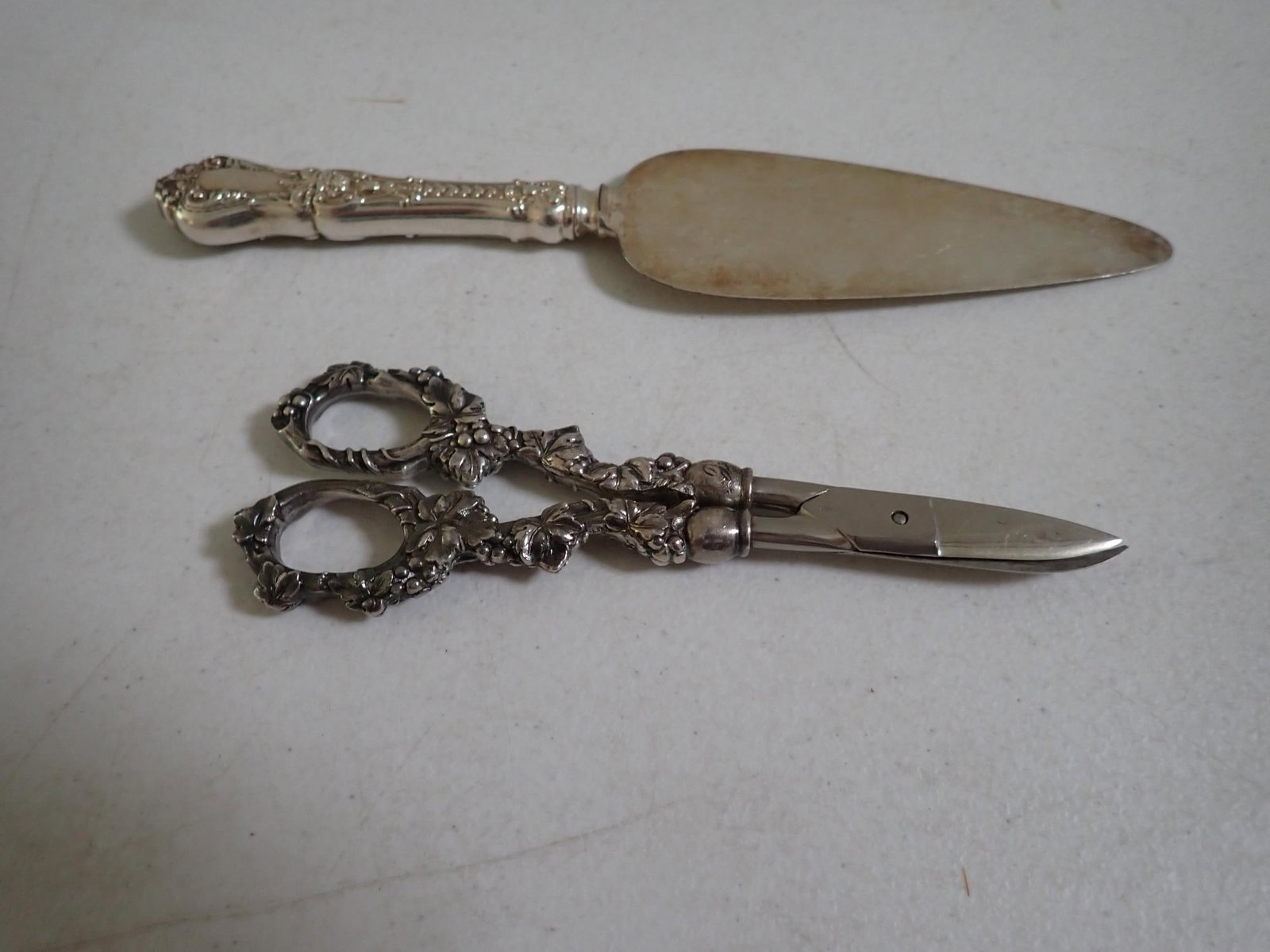 Sterling Handle Shears & Pie Server: Scissors are marked sterling 1721 925/1000.