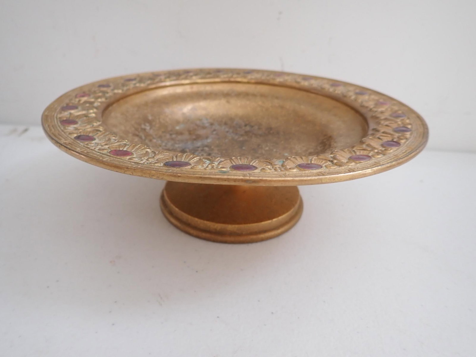 Tiffany Furnaces 505 Favrile Compote w/ Red Stones: Gold Dore compote # 505 with red glass accents. Shows use with some tarnishing inside. 8 1/2" diameter and 2 3/4" high.