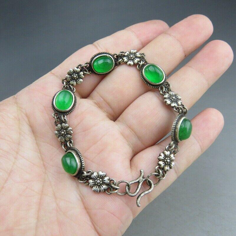 Chinese silver and green jade bracelet (1 of 6)